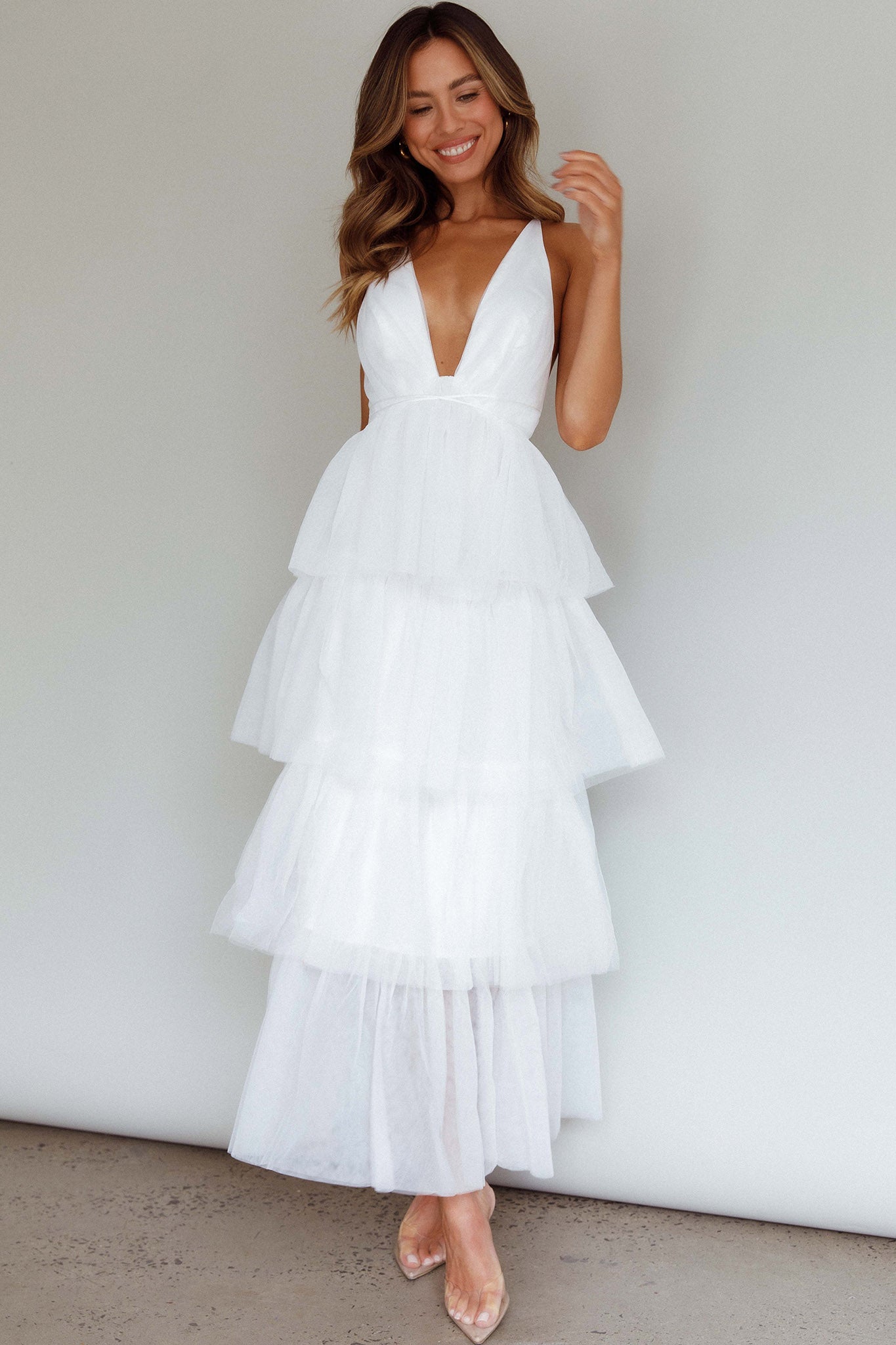 Auguste Tiered Frill Midi Dress White | Selfie Leslie Australia
