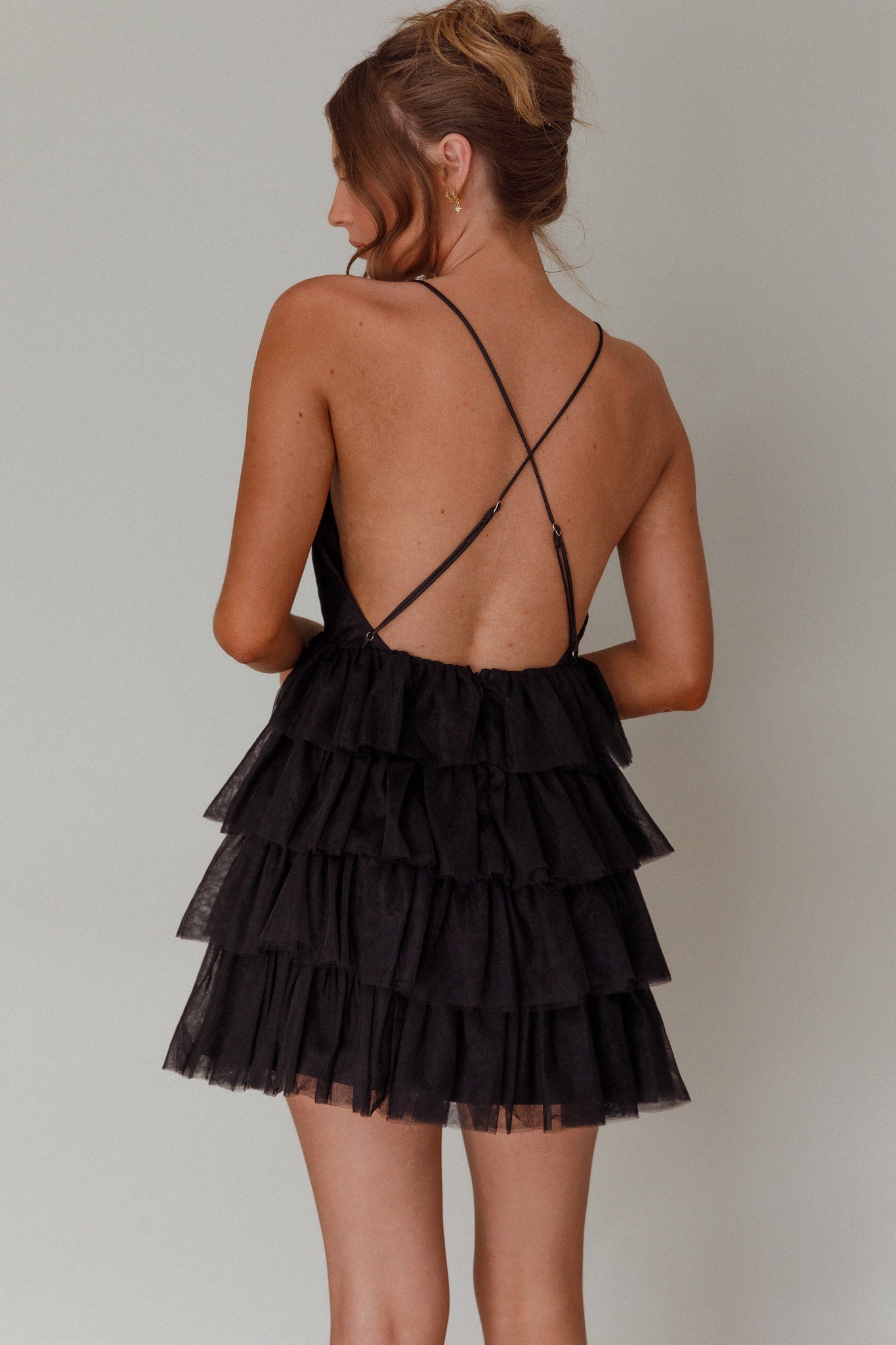 Auguste Tiered Frill Mini Dress Black by Selfie Leslie Australia