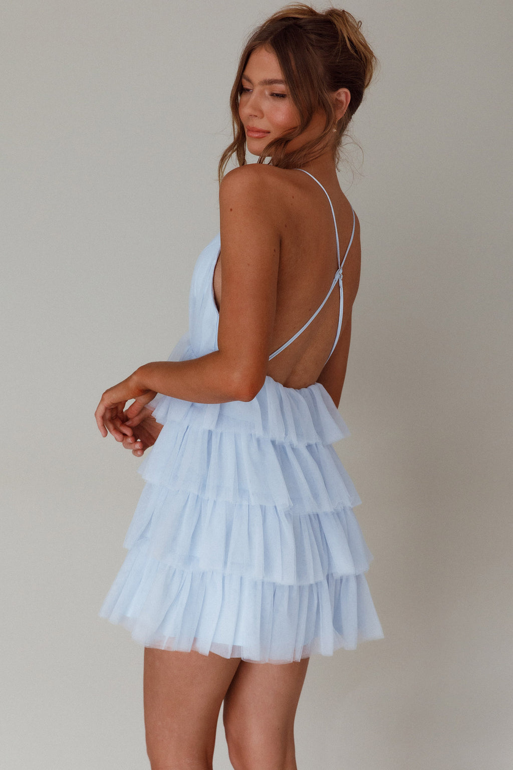 Auguste Tiered Frill Mini Dress Sky Blue by Selfie Leslie Australia