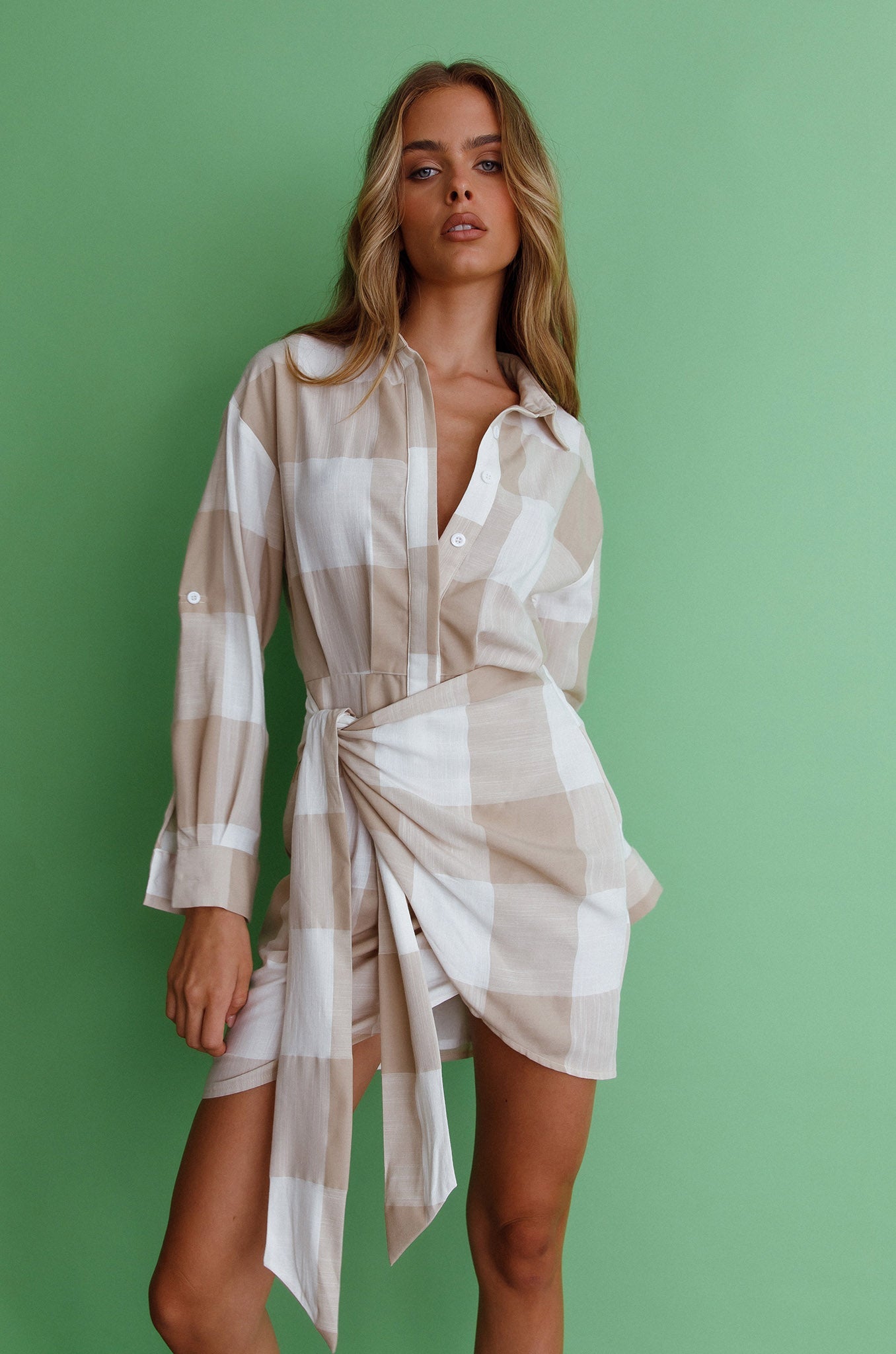 Staten Island Wrap Shirt Dress Sand by Selfie Leslie