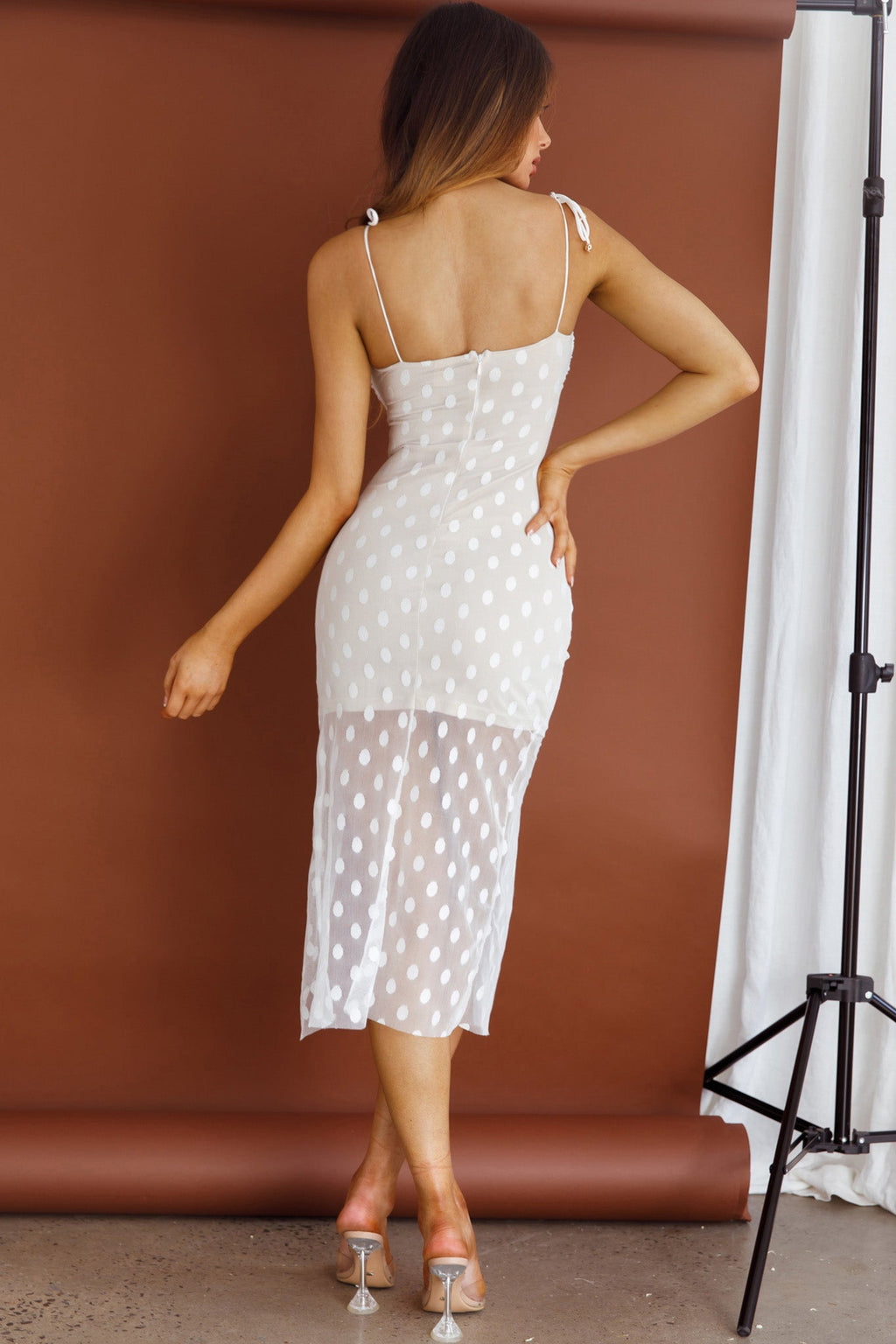First Avenue Tied Strap Mesh Midi Dress Polka Dot White by Selfie Leslie