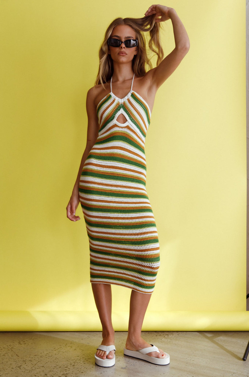 Malibu Nights Halterneck Knit Midi Dress Striped Olive by Selfie Leslie
