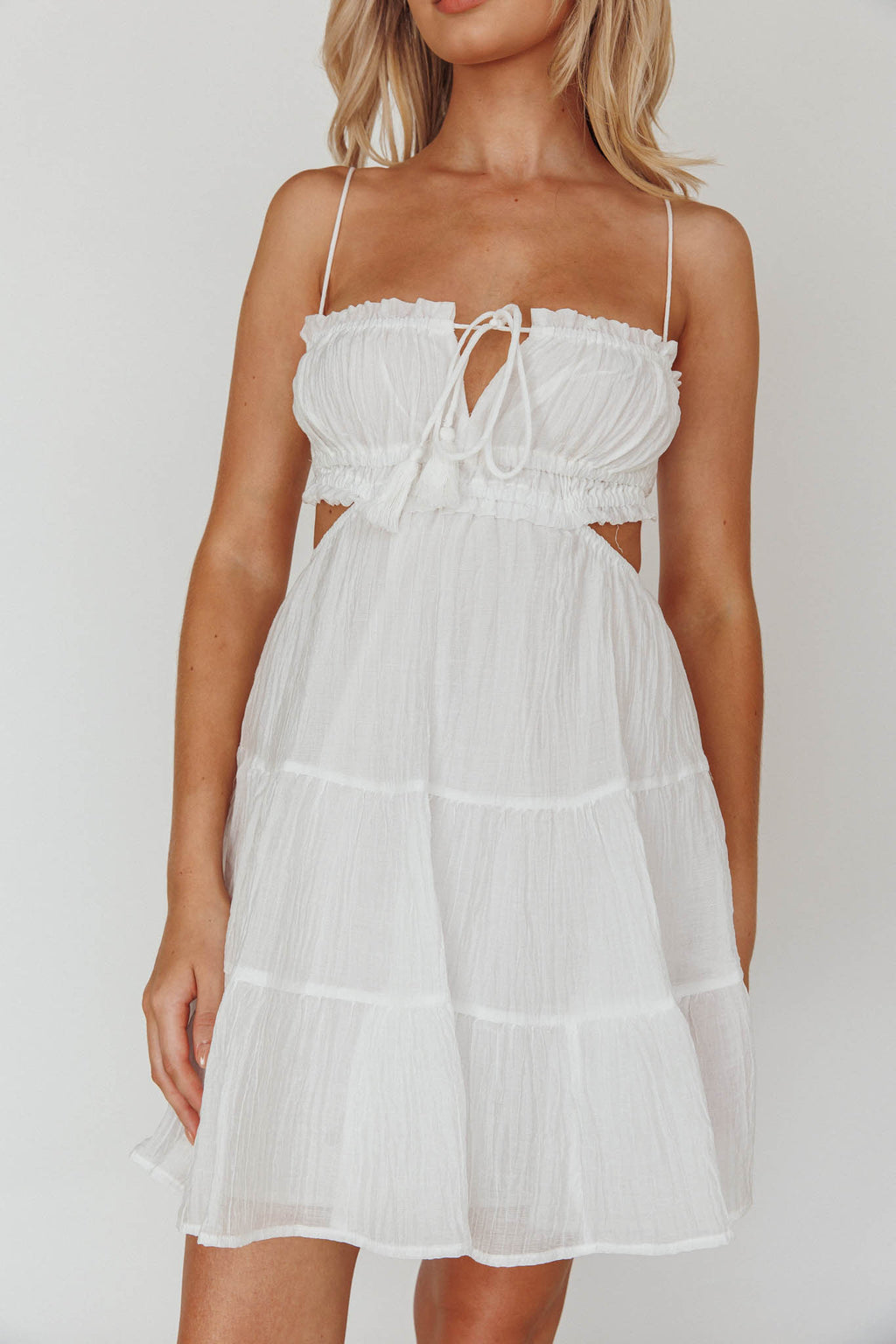 Eyona Cut-Out Waist Tie Mini Dress White by Selfie Leslie Australia