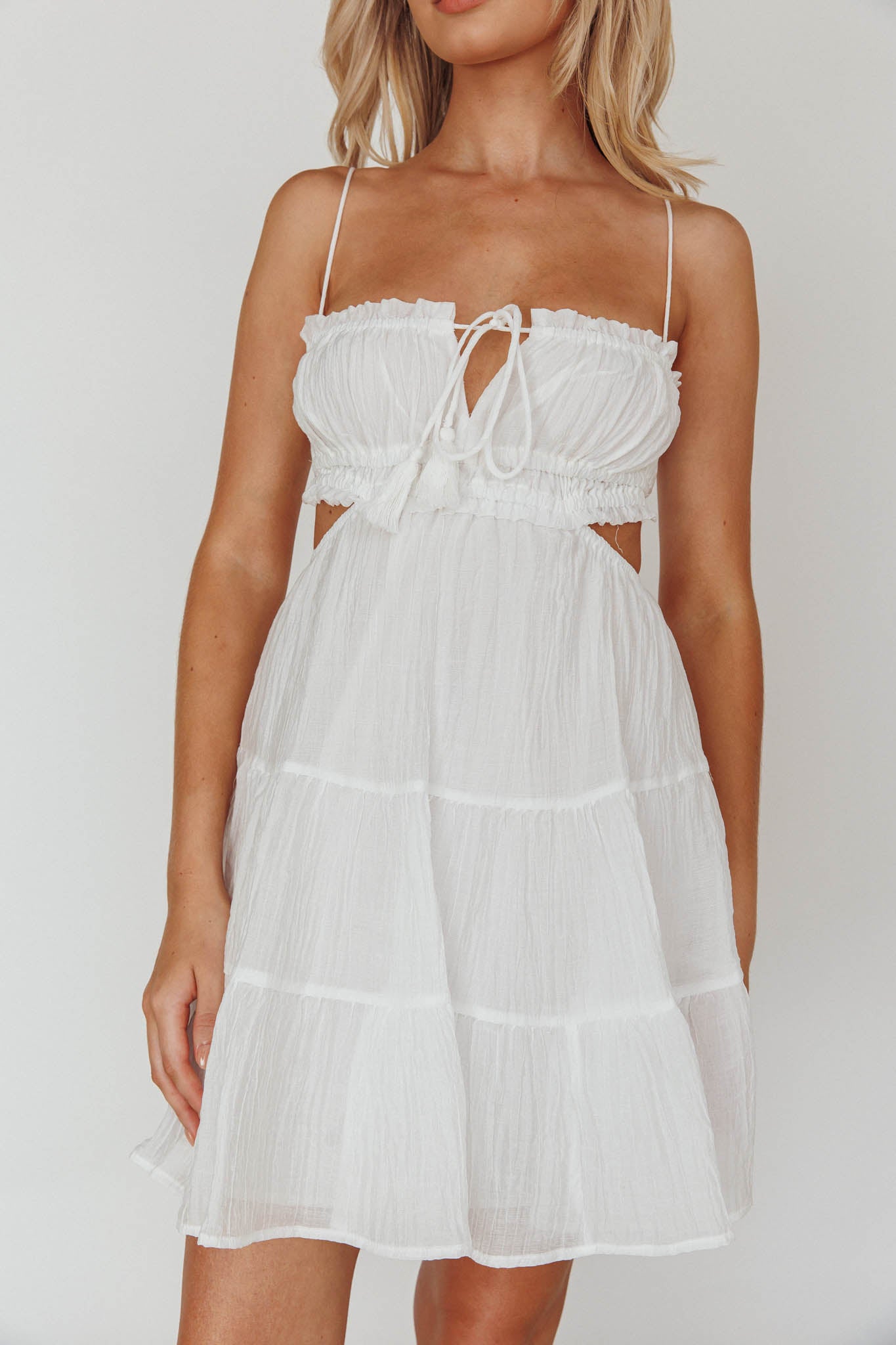 Eyona Cut-Out Waist Tie Mini Dress White by Selfie Leslie Australia