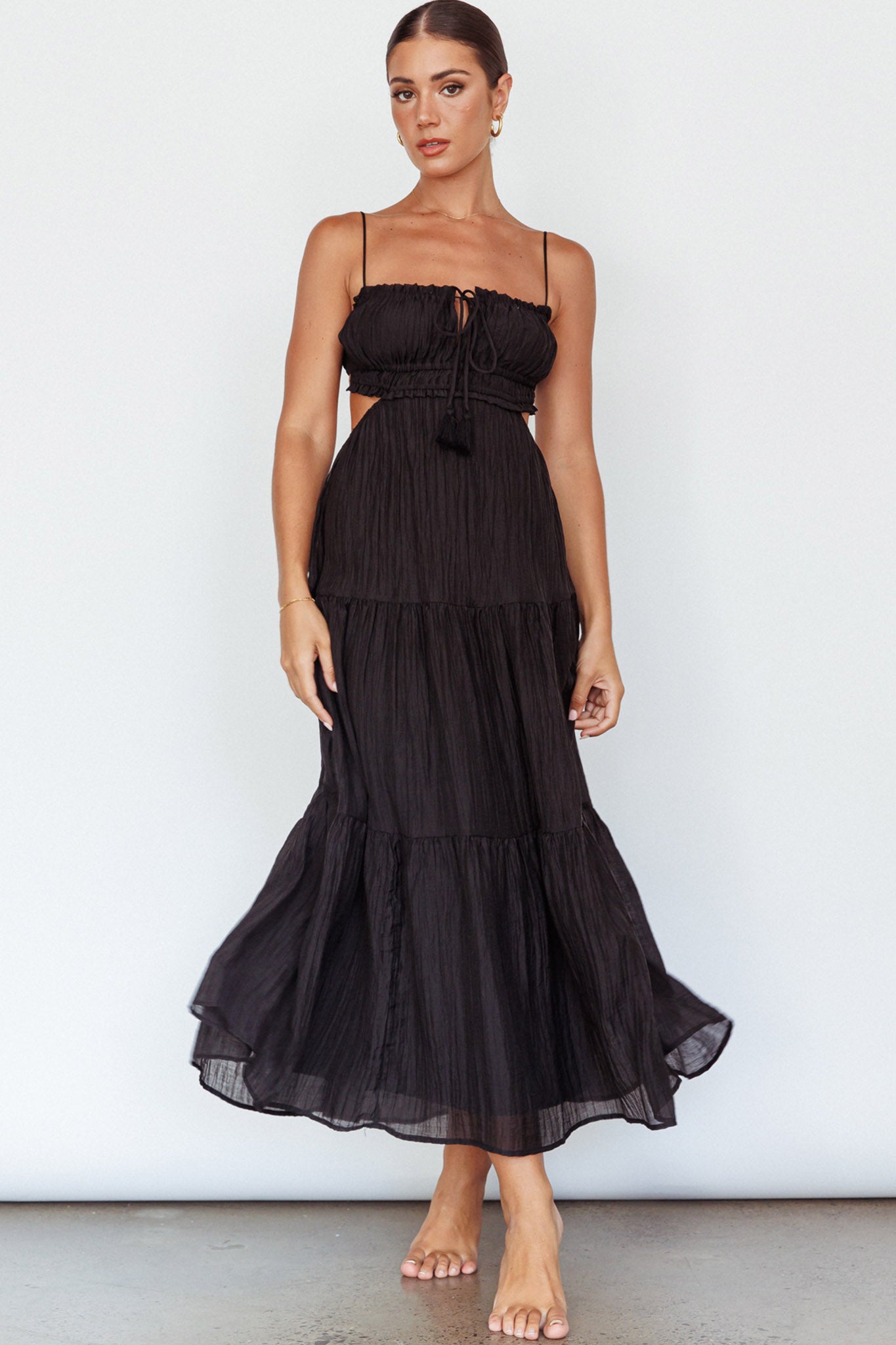 Eyona Cut-Out Waist Tie Maxi Dress Black by Selfie Leslie Australia