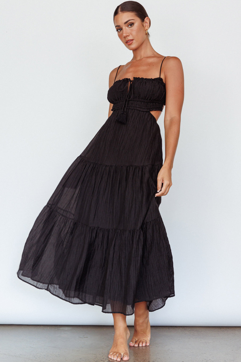 Eyona Cut-Out Waist Tie Maxi Dress Black by Selfie Leslie Australia