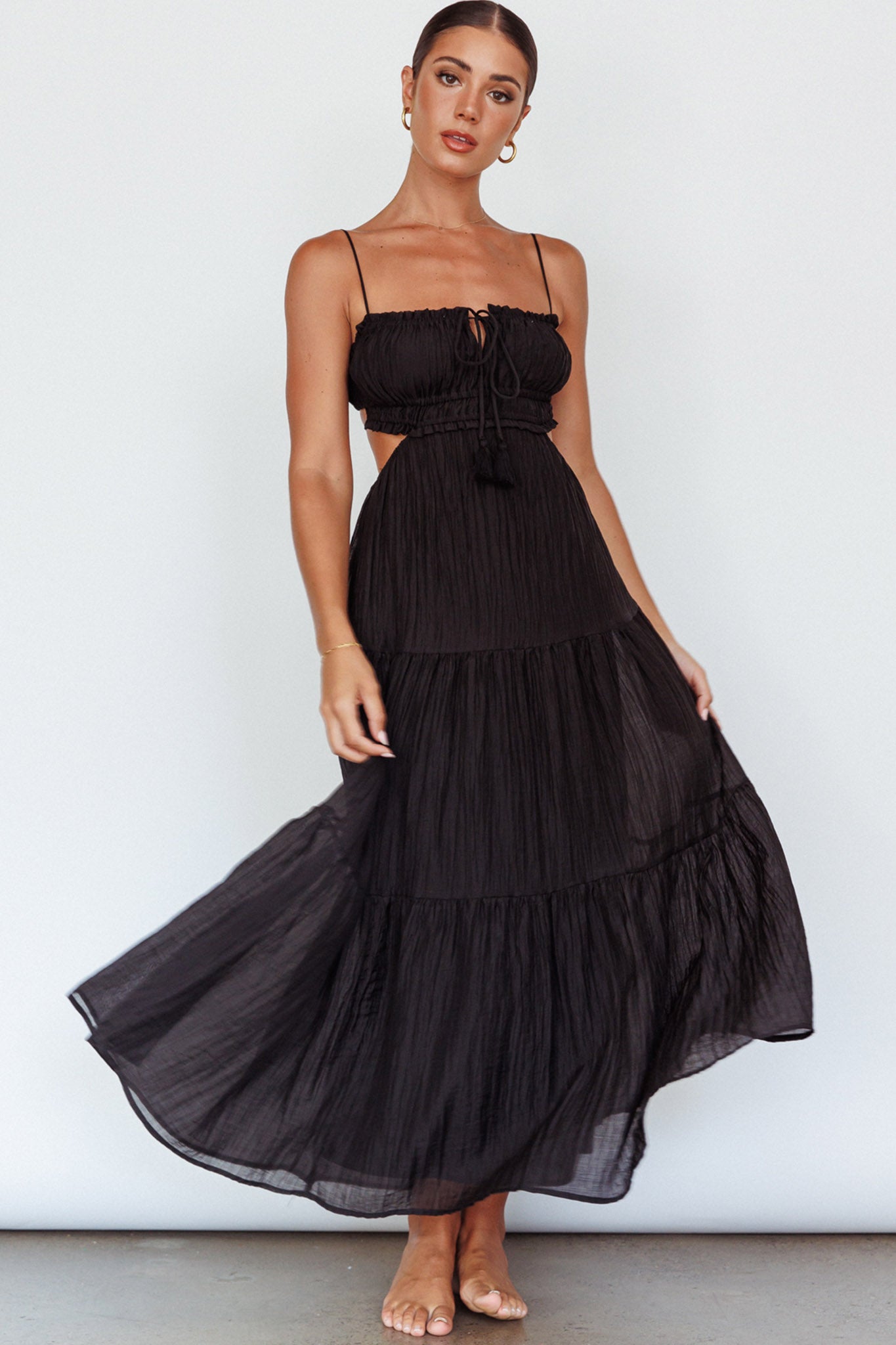 Eyona Cut-Out Waist Tie Maxi Dress Black by Selfie Leslie Australia