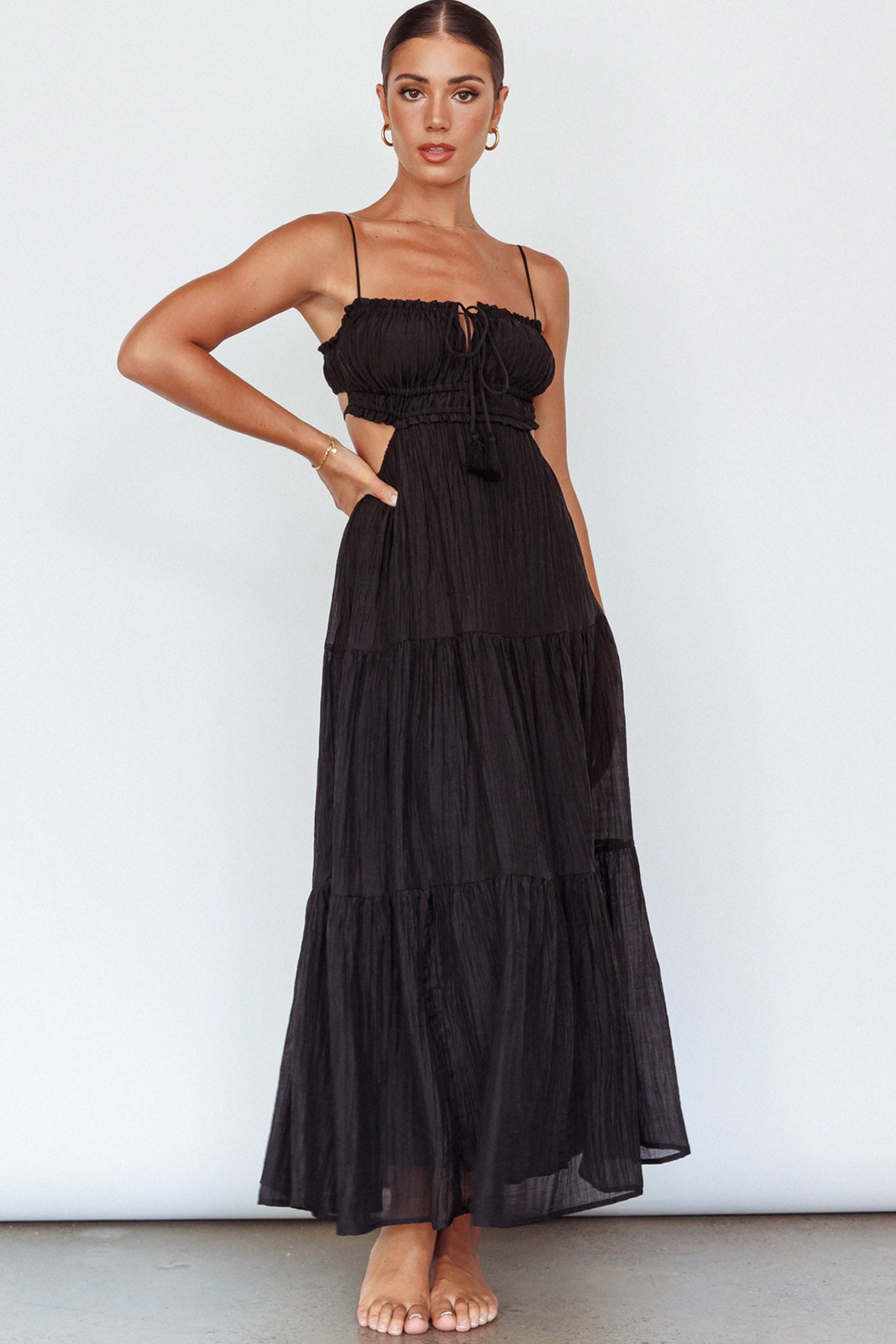 Eyona Cut-Out Waist Tie Maxi Dress Black by Selfie Leslie Australia