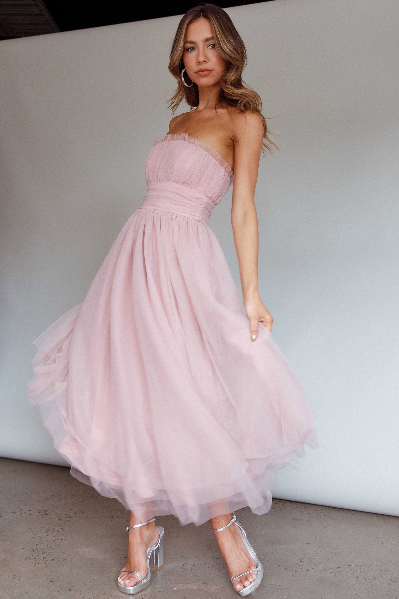 Fayette Strapless Mesh Midi Dress Blush by Selfie Leslie Australia