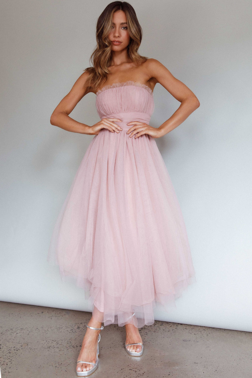 Fayette Strapless Mesh Midi Dress Blush by Selfie Leslie Australia