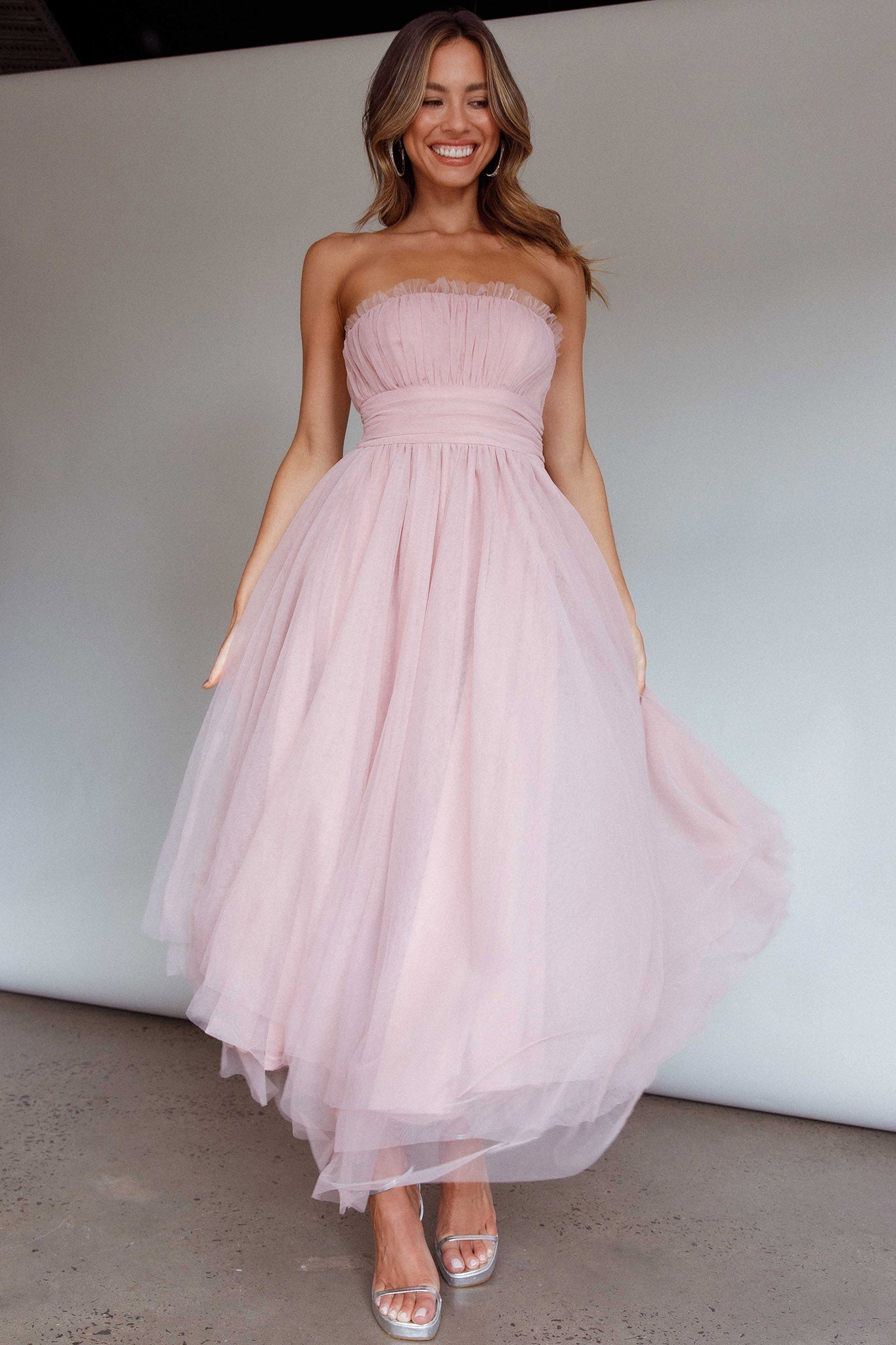 Fayette Strapless Mesh Midi Dress Blush by Selfie Leslie Australia