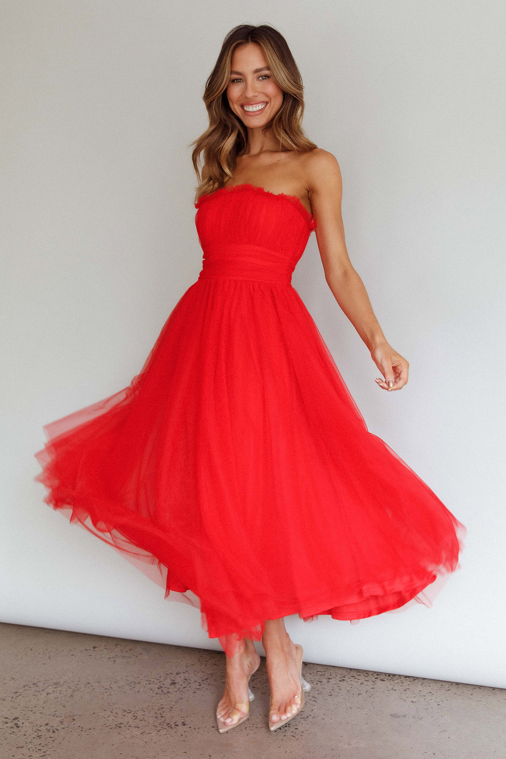 Fayette Strapless Mesh Midi Dress Red by Selfie Leslie Australia