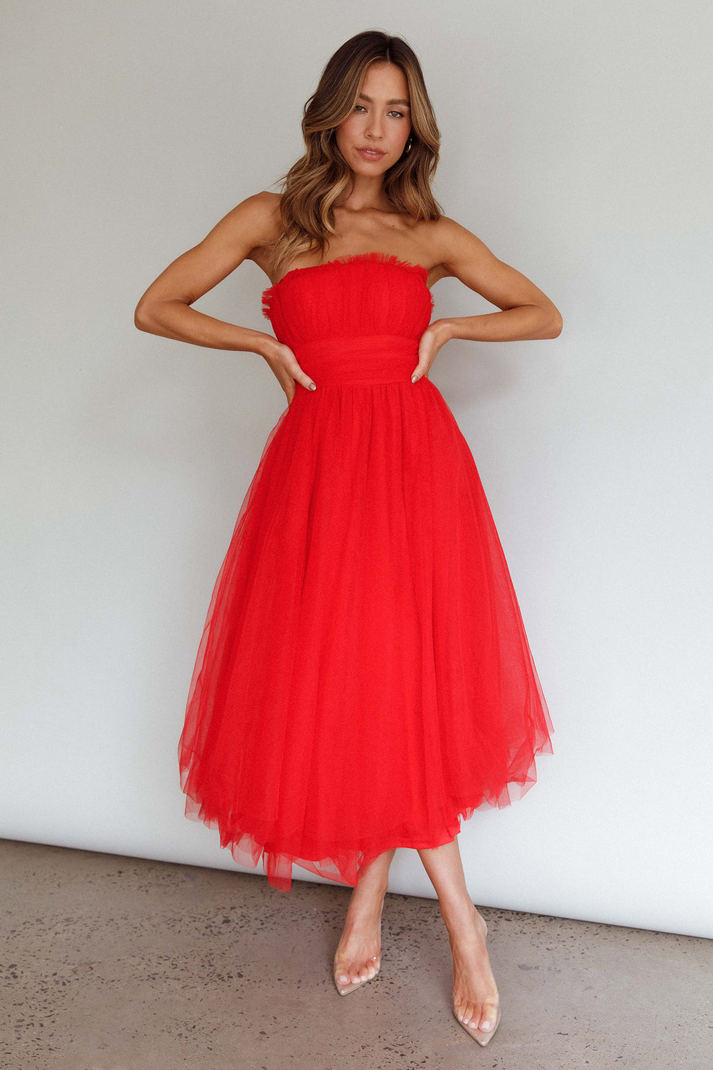 Fayette Strapless Mesh Midi Dress Red by Selfie Leslie Australia