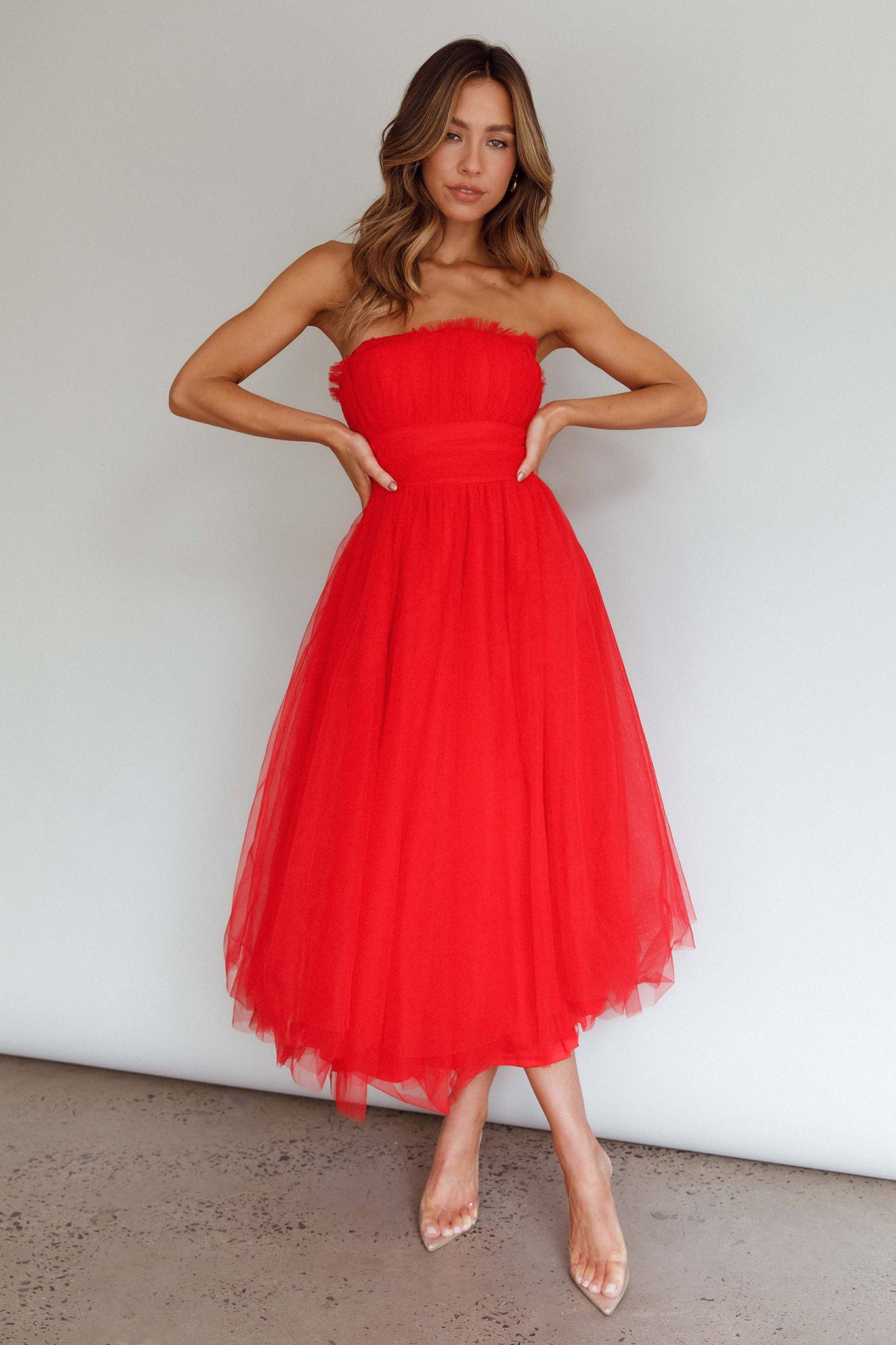 Fayette Strapless Mesh Midi Dress Red by Selfie Leslie Australia