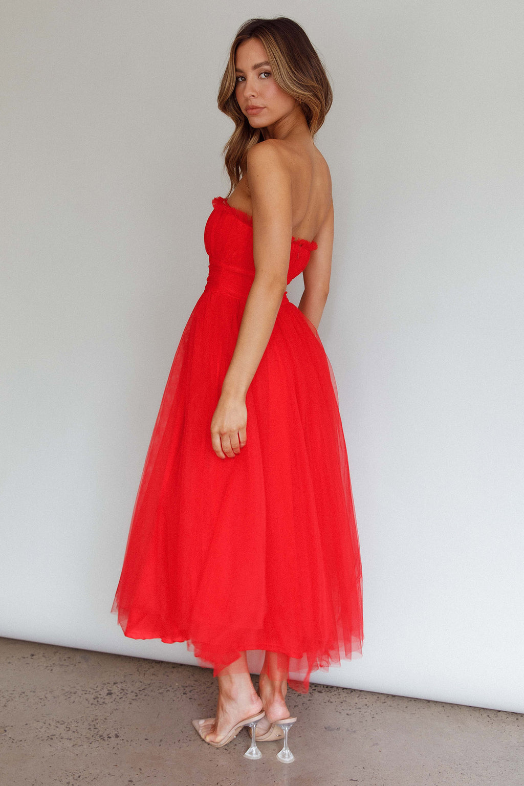 Fayette Strapless Mesh Midi Dress Red by Selfie Leslie Australia