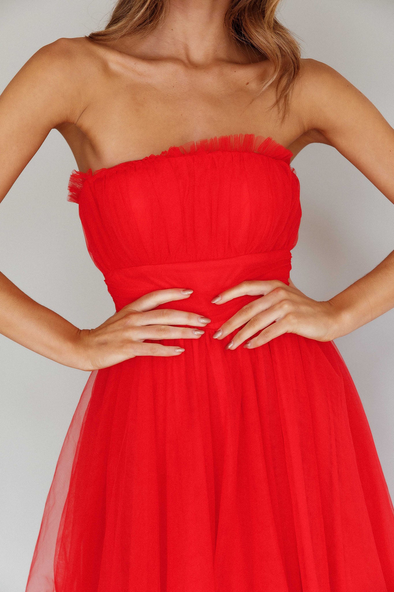 Fayette Strapless Mesh Midi Dress Red by Selfie Leslie Australia