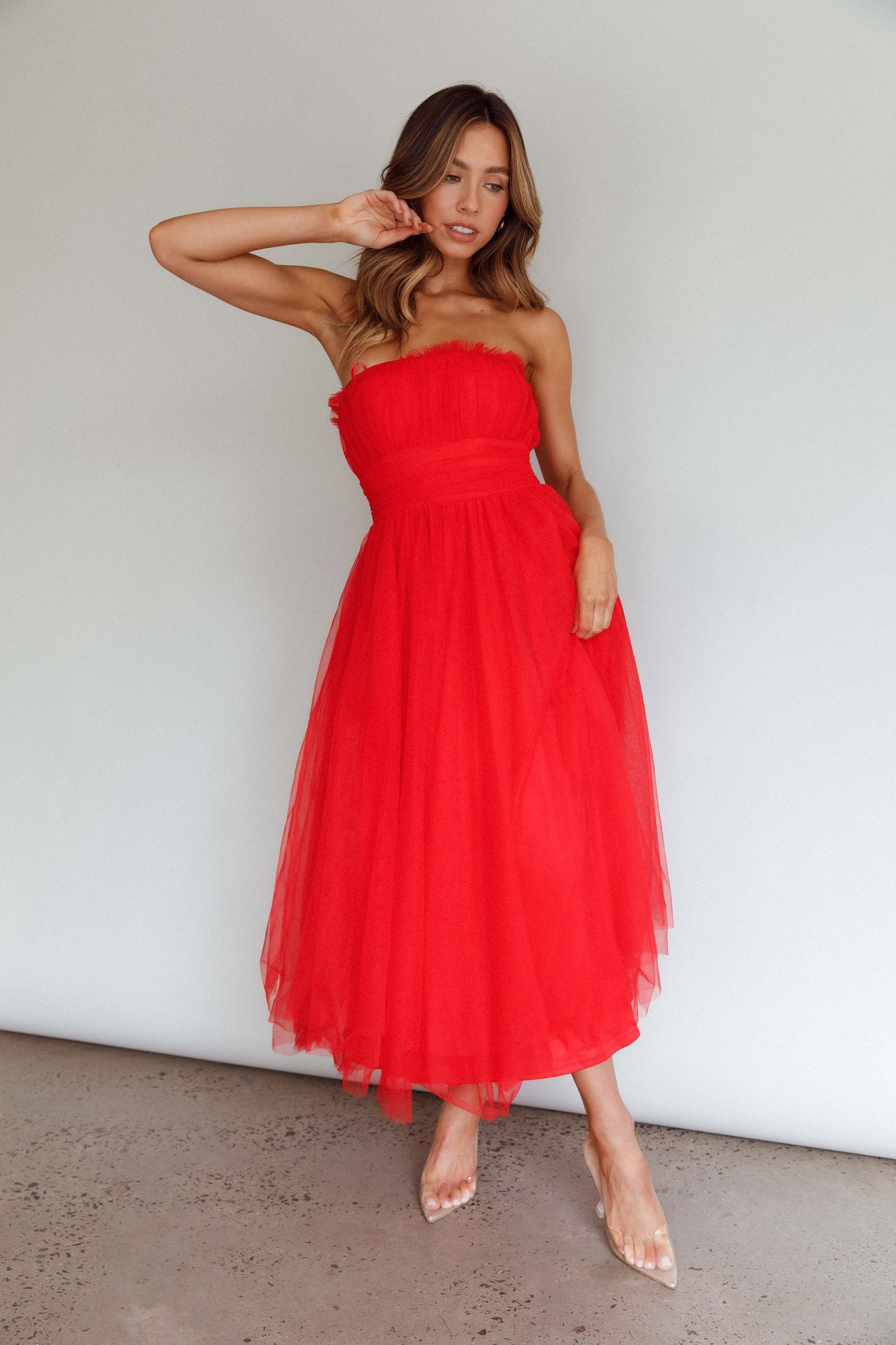 Fayette Strapless Mesh Midi Dress Red by Selfie Leslie Australia