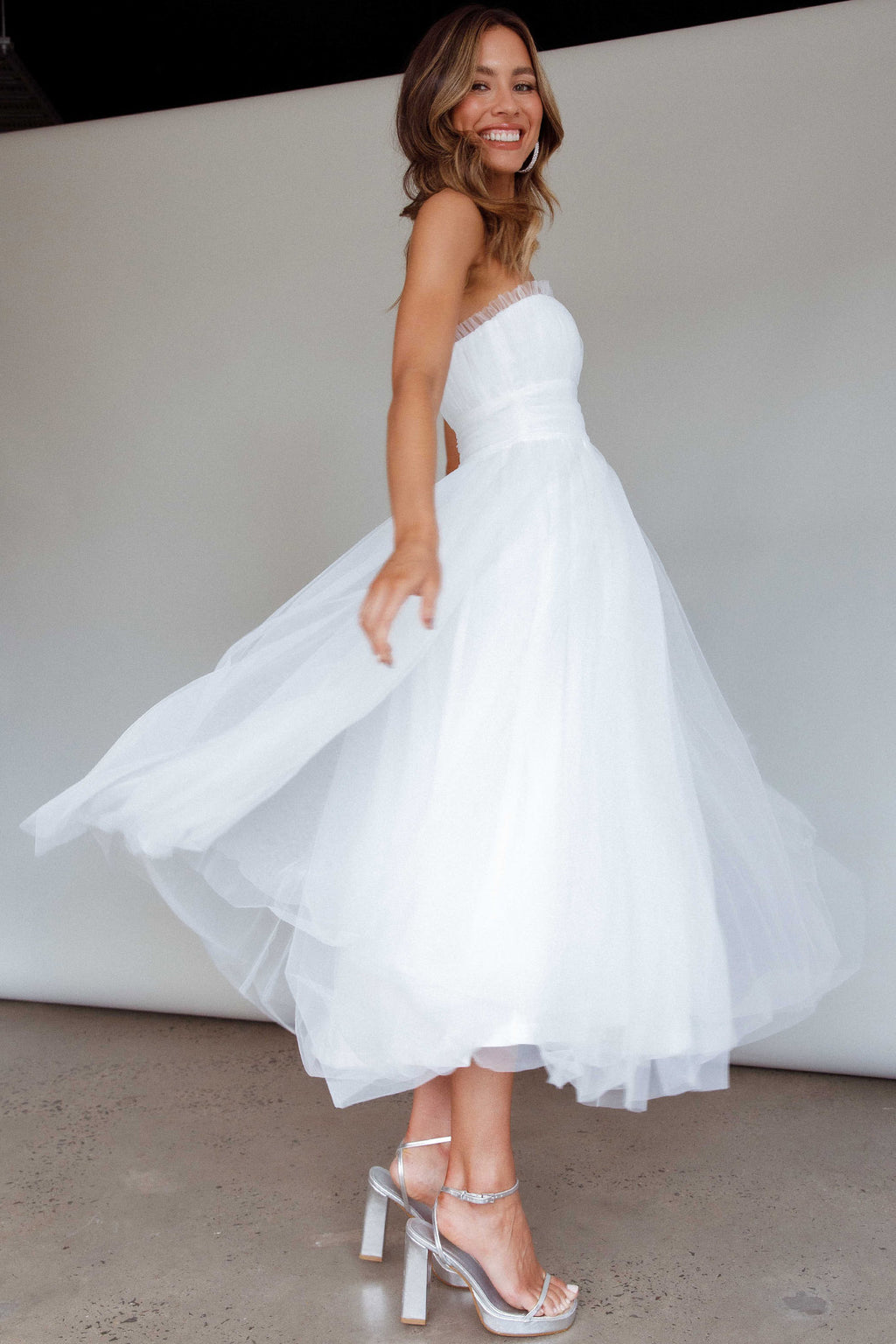 Fayette Strapless Mesh Midi Dress White by Selfie Leslie Australia