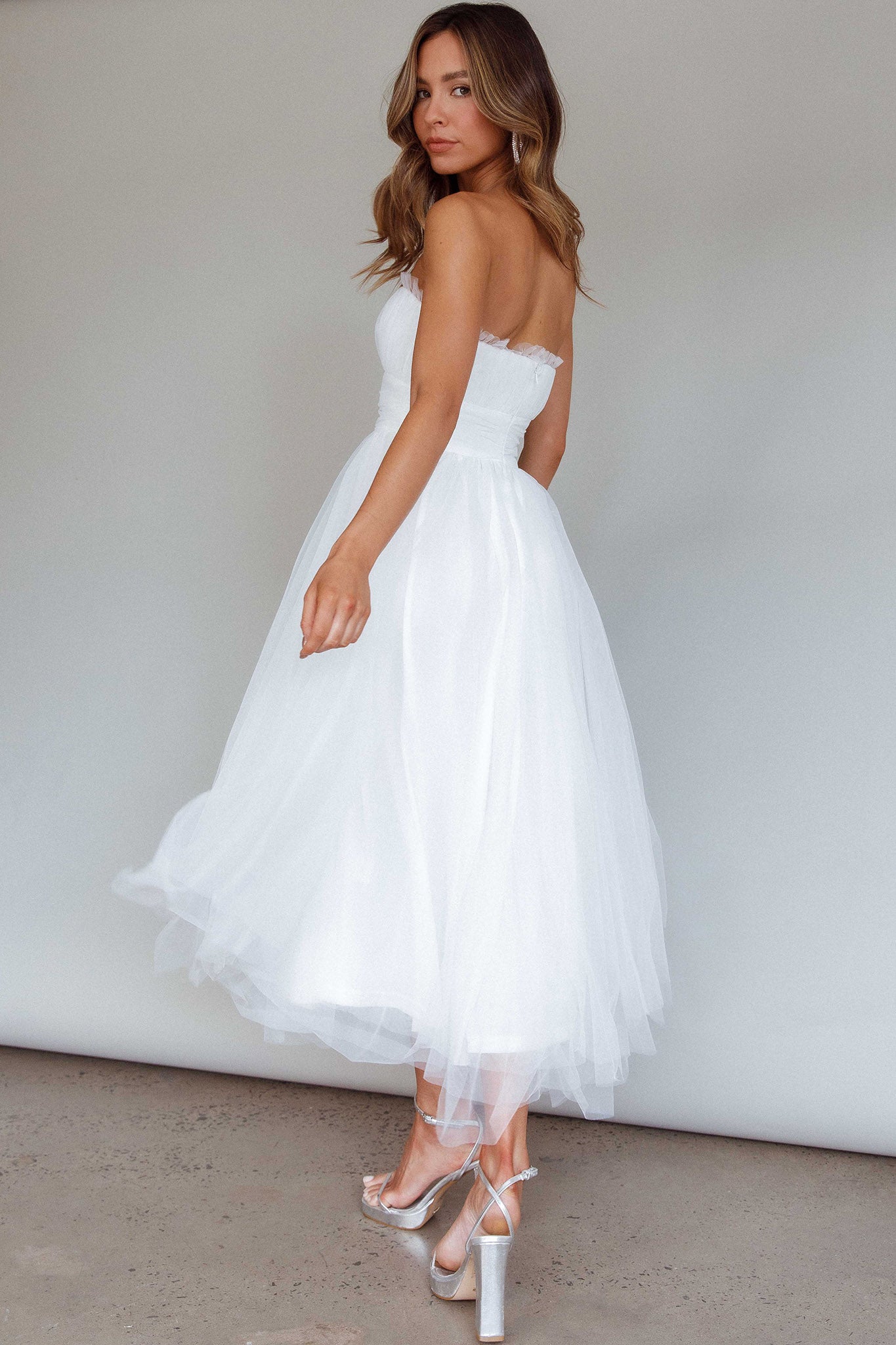 Fayette Strapless Mesh Midi Dress White by Selfie Leslie Australia