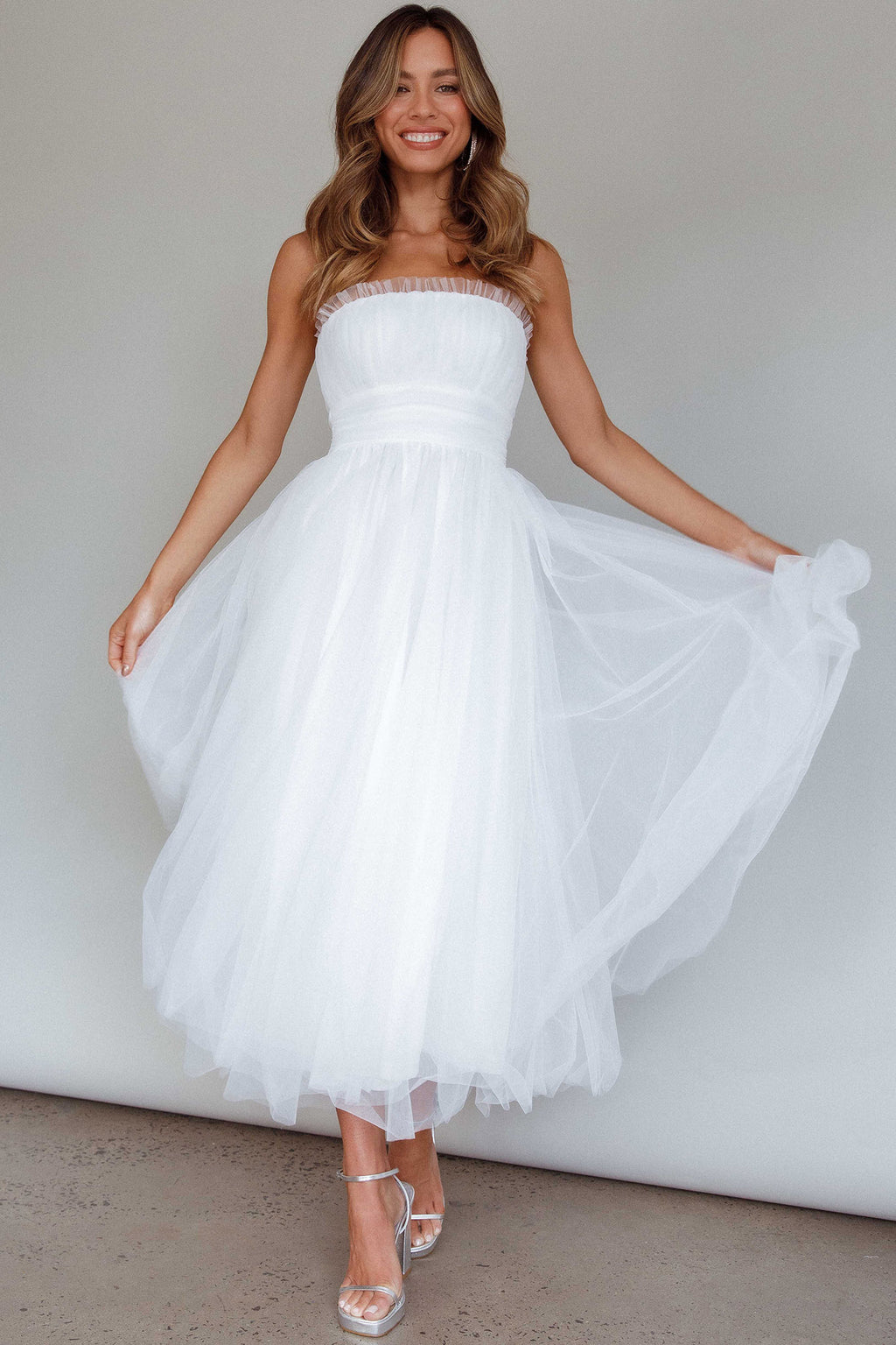 Fayette Strapless Mesh Midi Dress White by Selfie Leslie Australia