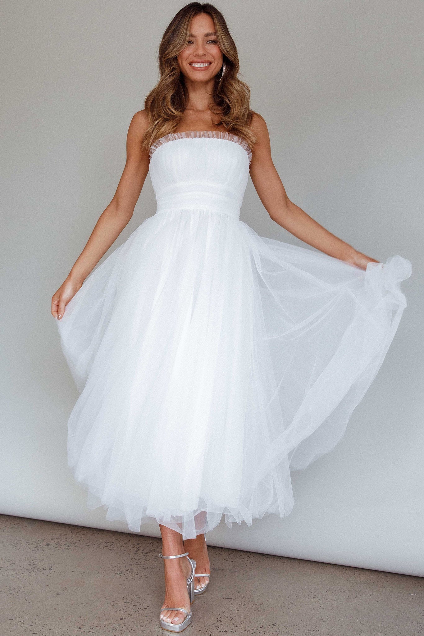 Fayette Strapless Mesh Midi Dress White by Selfie Leslie Australia