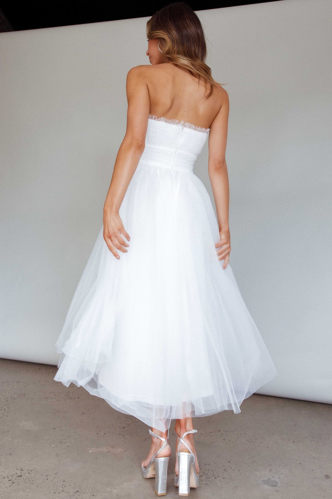 Fayette Strapless Mesh Midi Dress White by Selfie Leslie Australia