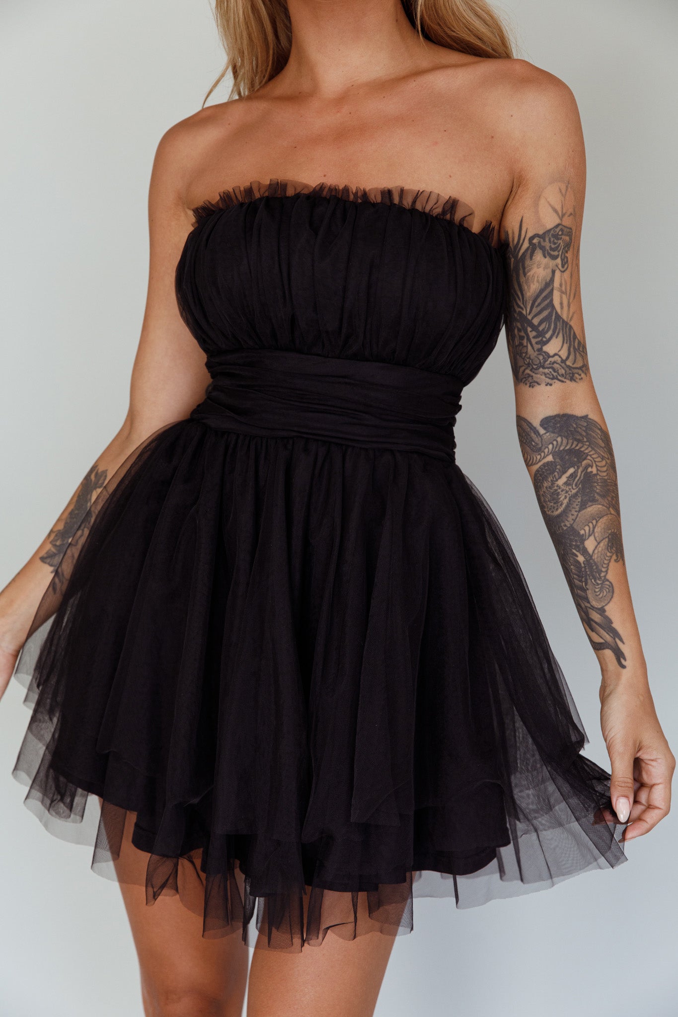 Fayette Strapless Mesh Mini Dress Black by Selfie Leslie Australia