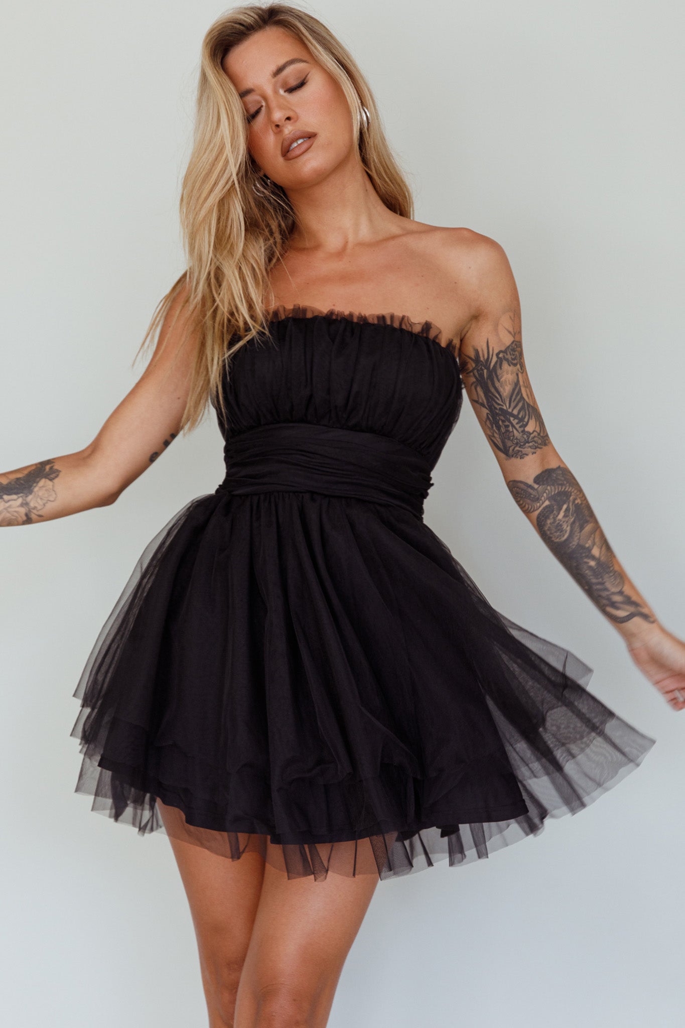 Fayette Strapless Mesh Mini Dress Black by Selfie Leslie Australia