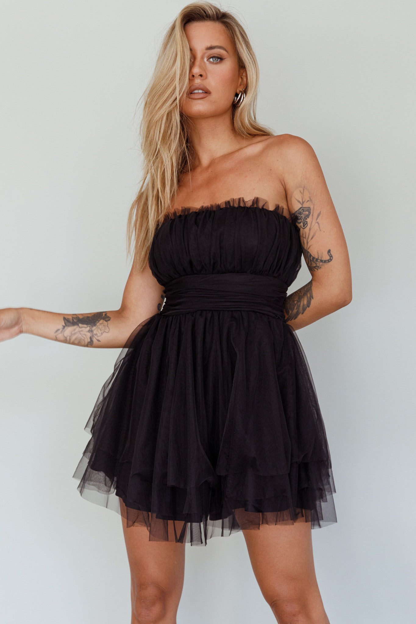 Fayette Strapless Mesh Mini Dress Black by Selfie Leslie Australia