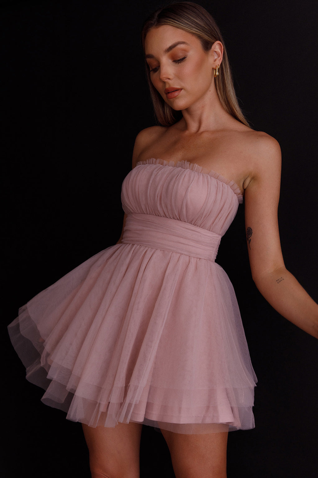 Fayette Strapless Mesh Mini Dress Blush by Selfie Leslie