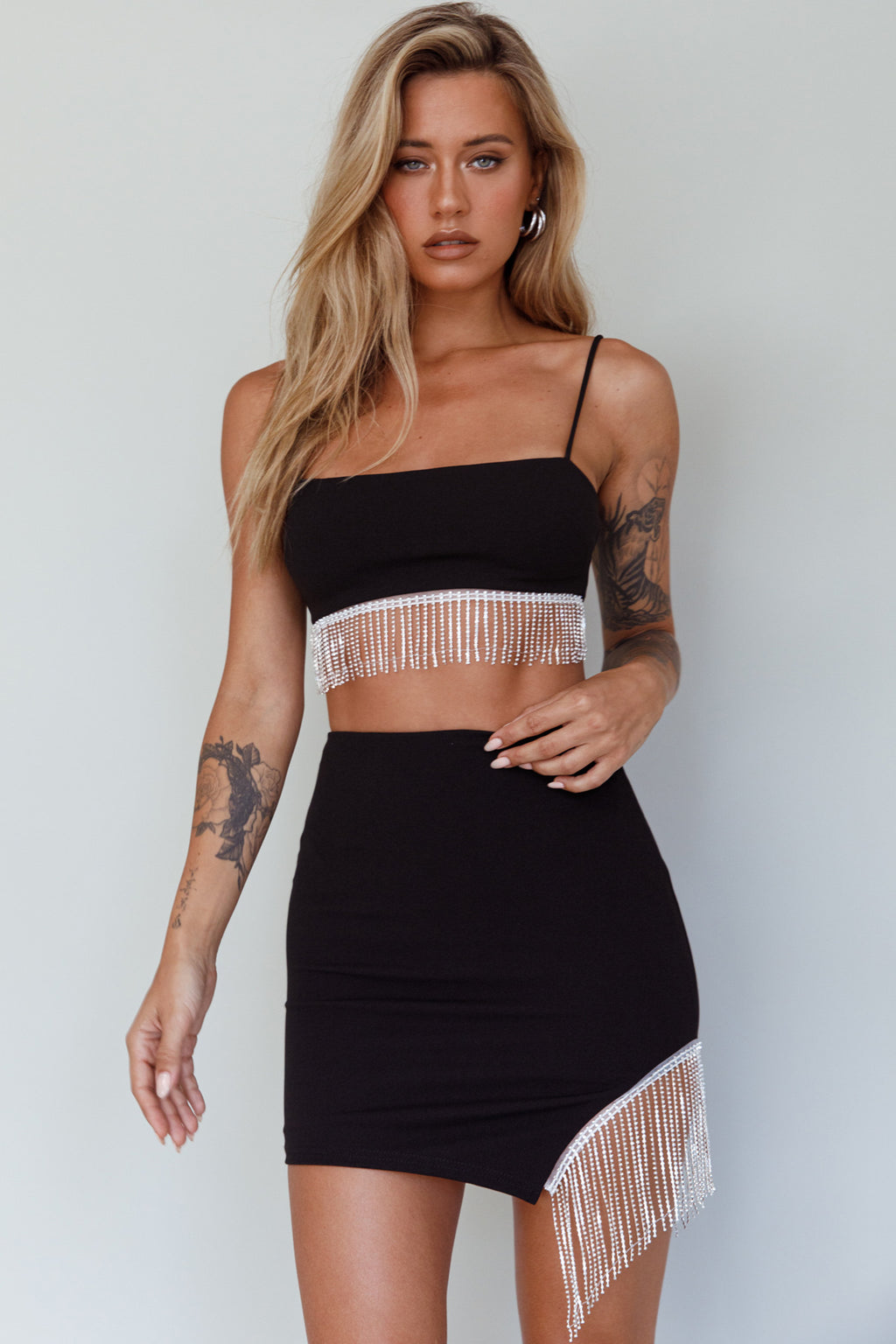 Call On Me Diamante Fringe Mini Skirt Black by Selfie Leslie Australia