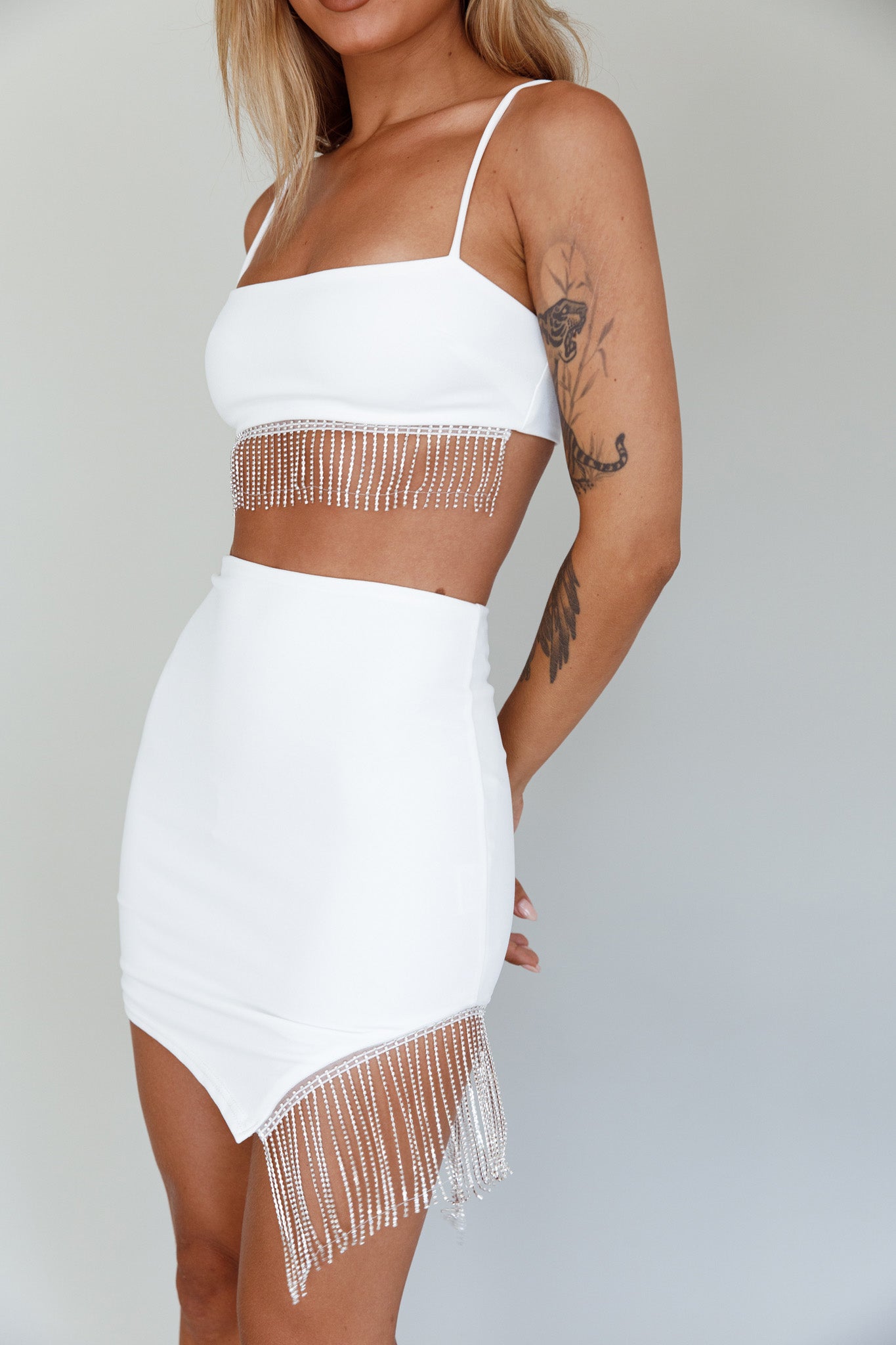 Call On Me Diamante Fringe Mini Skirt White by Selfie Leslie Australia