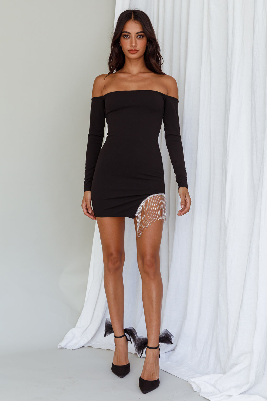 Call On Me Diamante Off-Shoulder Mini Dress Black by Selfie Leslie Australia