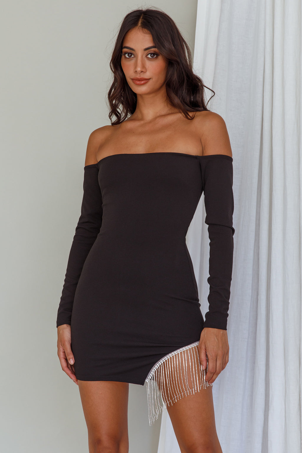 Call On Me Diamante Off-Shoulder Mini Dress Black by Selfie Leslie Australia