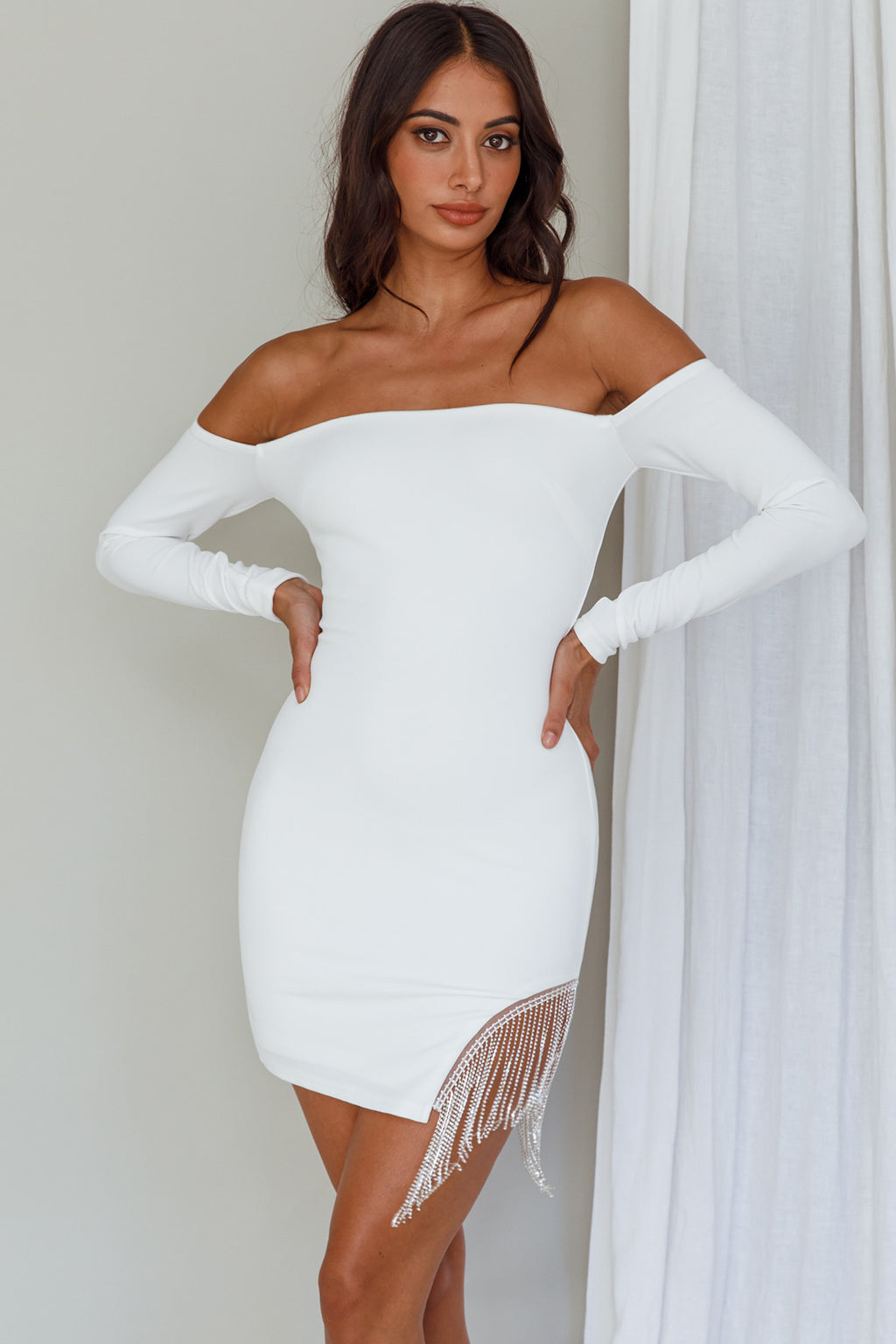 Call On Me Diamante Off-Shoulder Mini Dress White by Selfie Leslie Australia