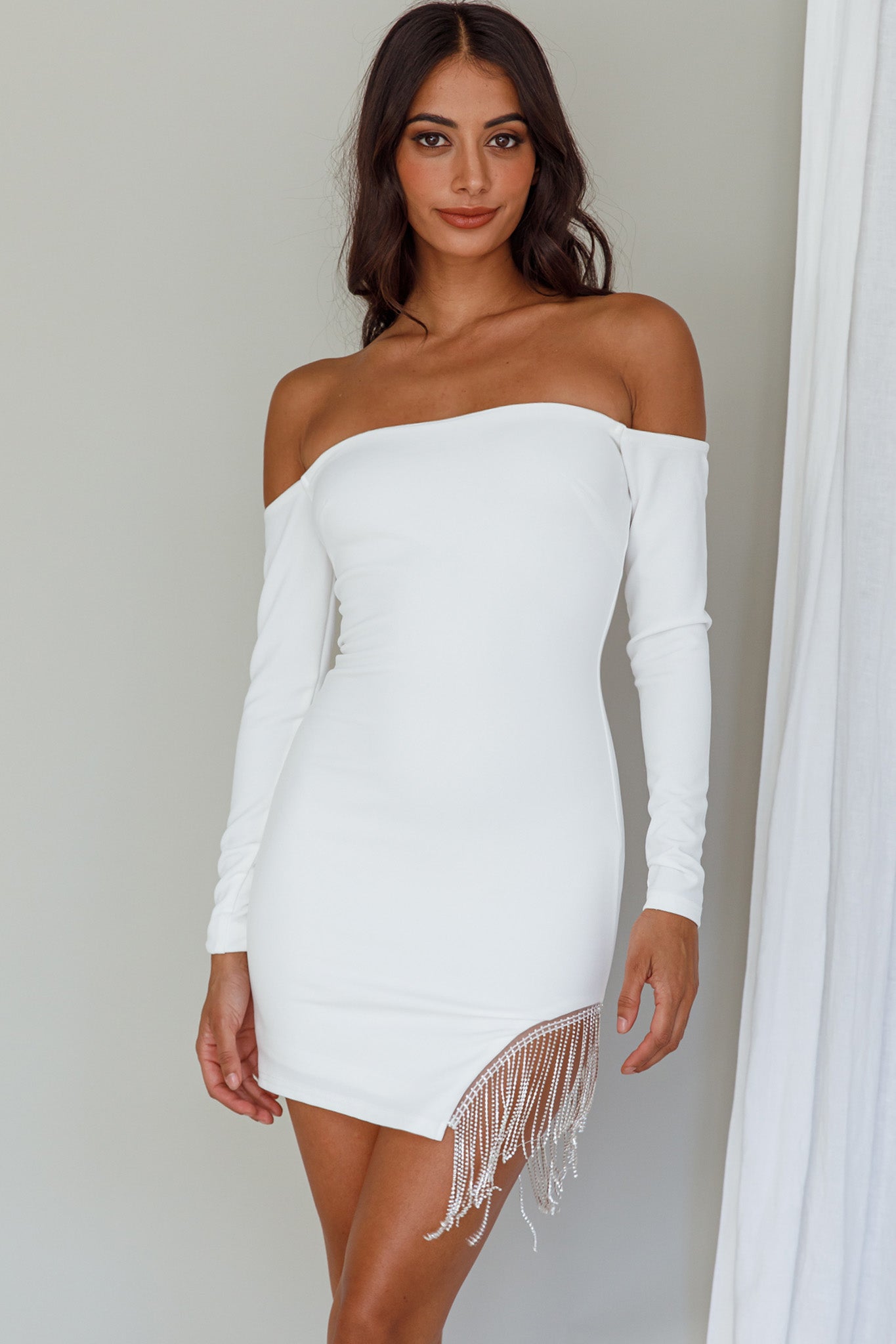 Call On Me Diamante Off-Shoulder Mini Dress White by Selfie Leslie Australia