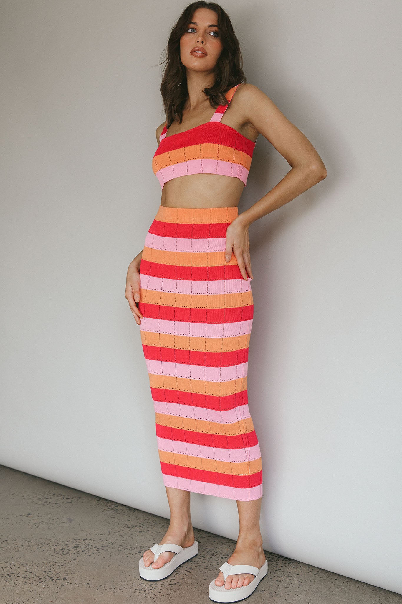 Chase The Sunrise Knit Maxi Skirt Striped Pink by Selfie Leslie Australia