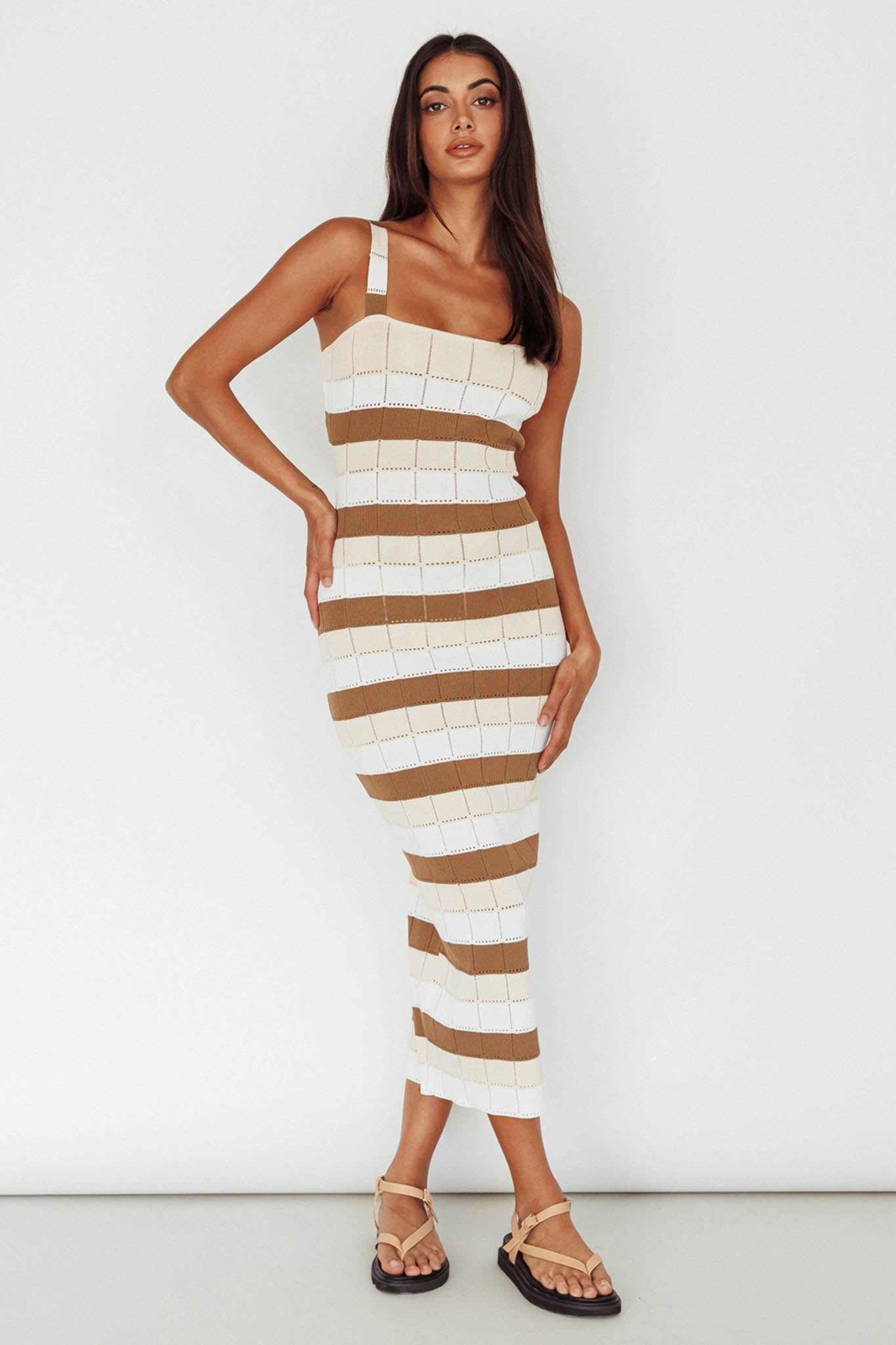 Chase The Sunrise Knit Midi Dress Striped Chocolate/White by Selfie Leslie Australia
