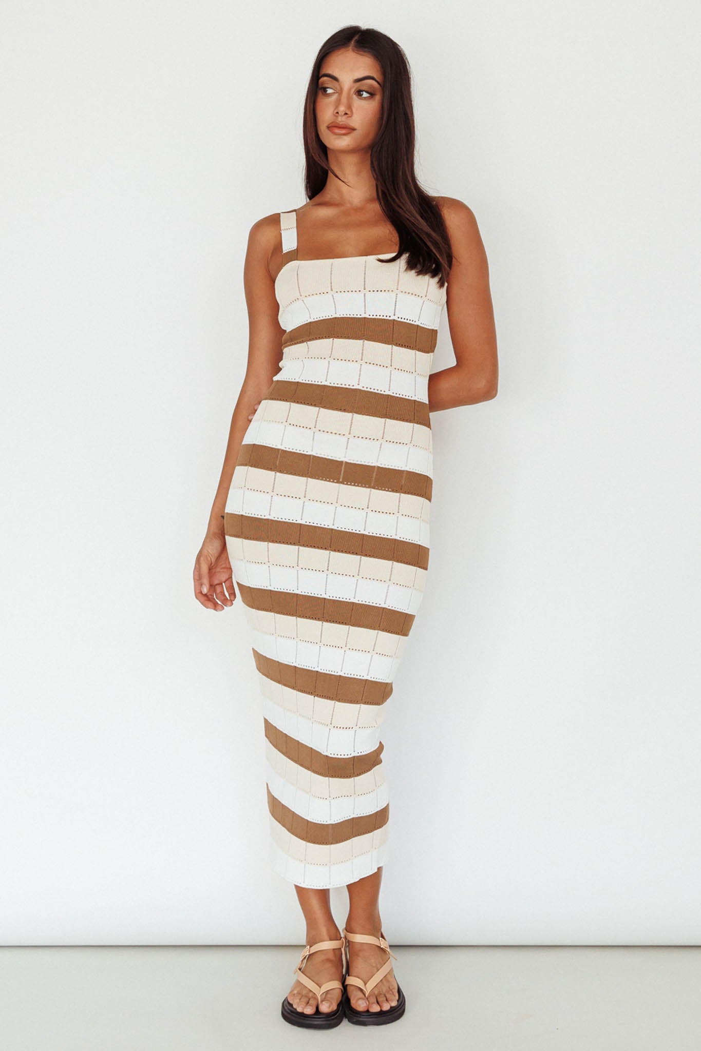Chase The Sunrise Knit Midi Dress Striped Chocolate/White by Selfie Leslie Australia