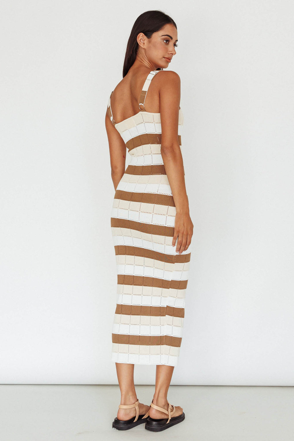 Chase The Sunrise Knit Midi Dress Striped Chocolate/White by Selfie Leslie Australia