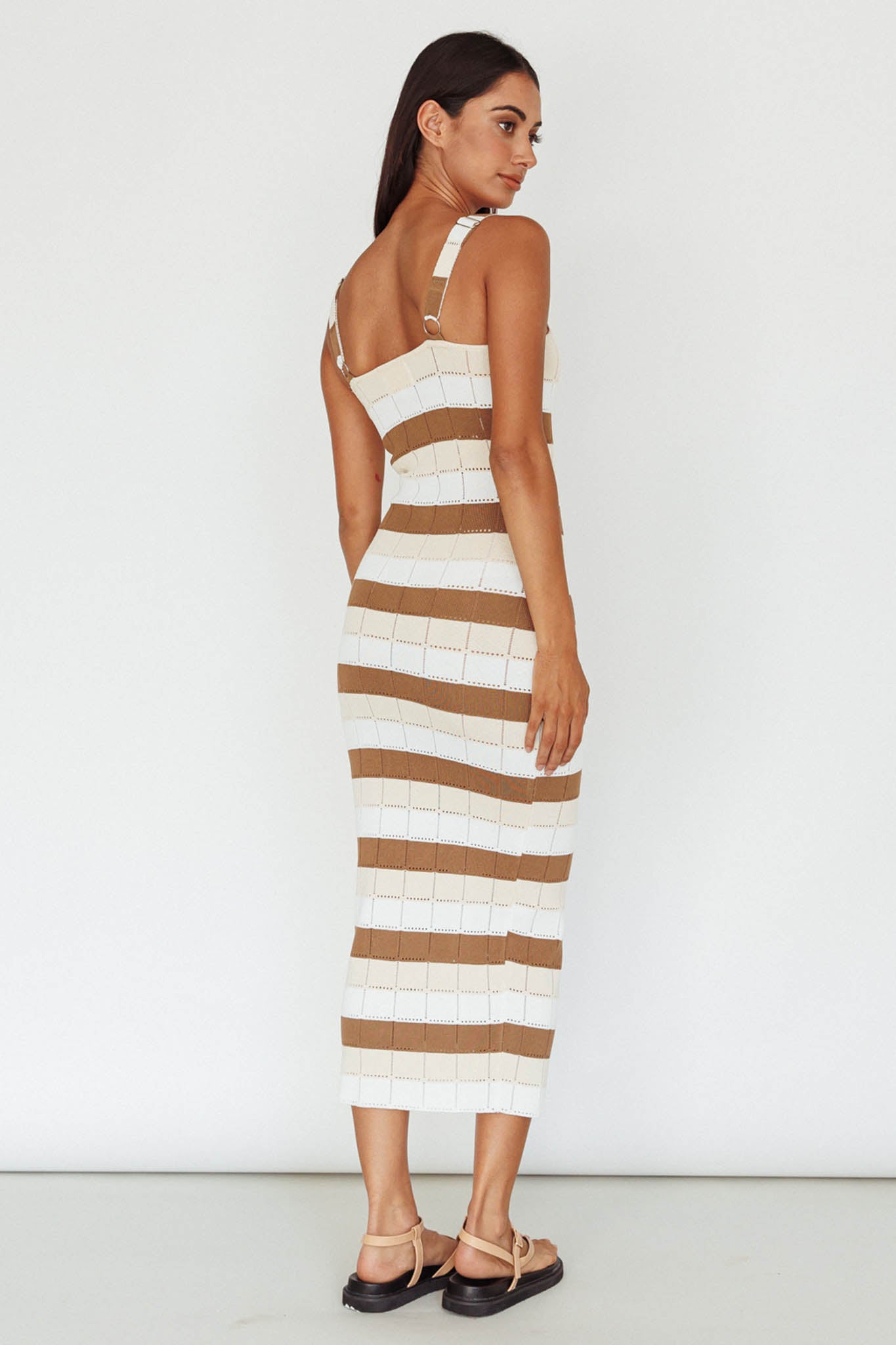 Chase The Sunrise Knit Midi Dress Striped Chocolate/White by Selfie Leslie Australia