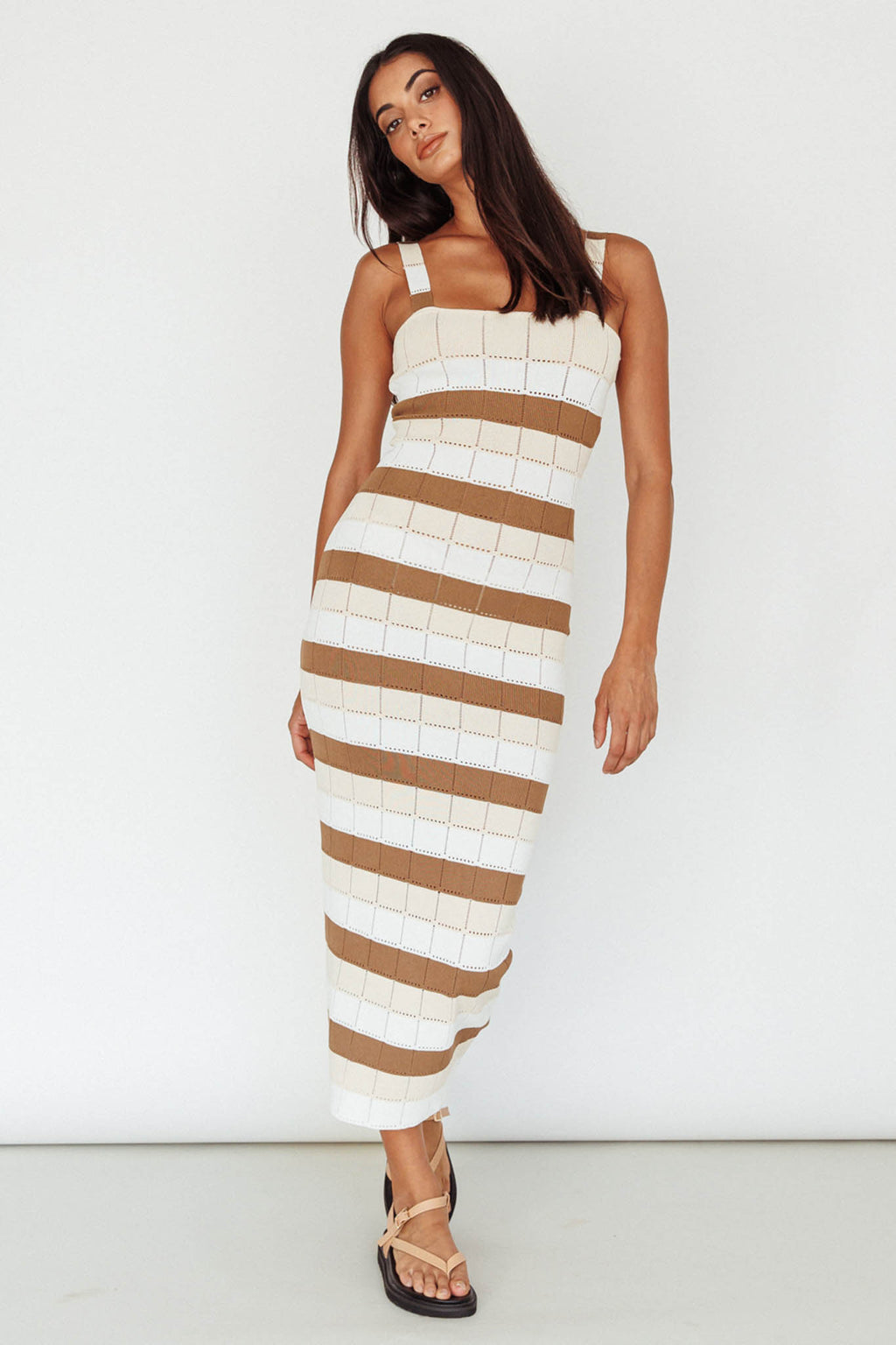 Chase The Sunrise Knit Midi Dress Striped Chocolate/White by Selfie Leslie Australia