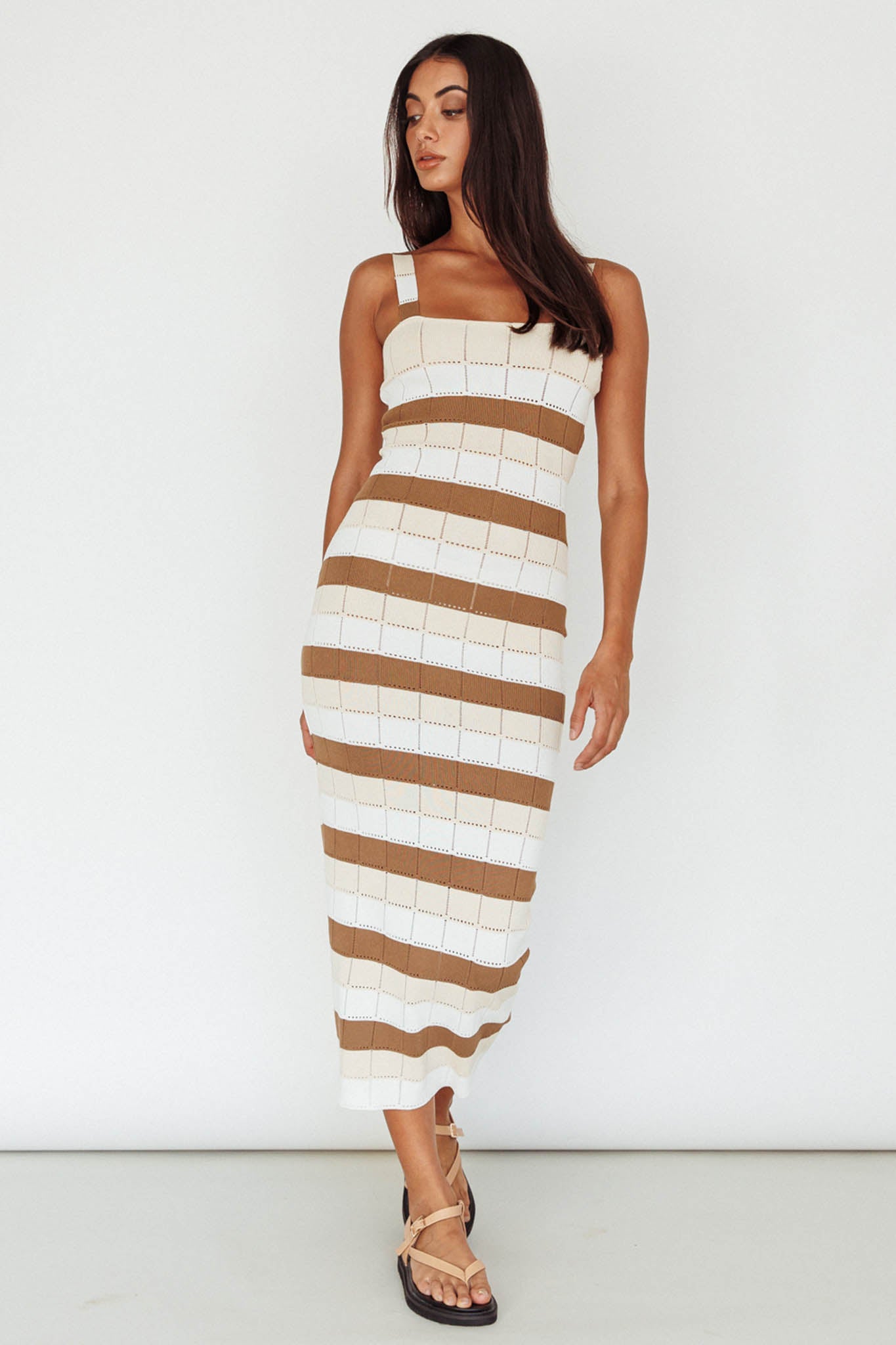 Chase The Sunrise Knit Midi Dress Striped Chocolate/White by Selfie Leslie Australia
