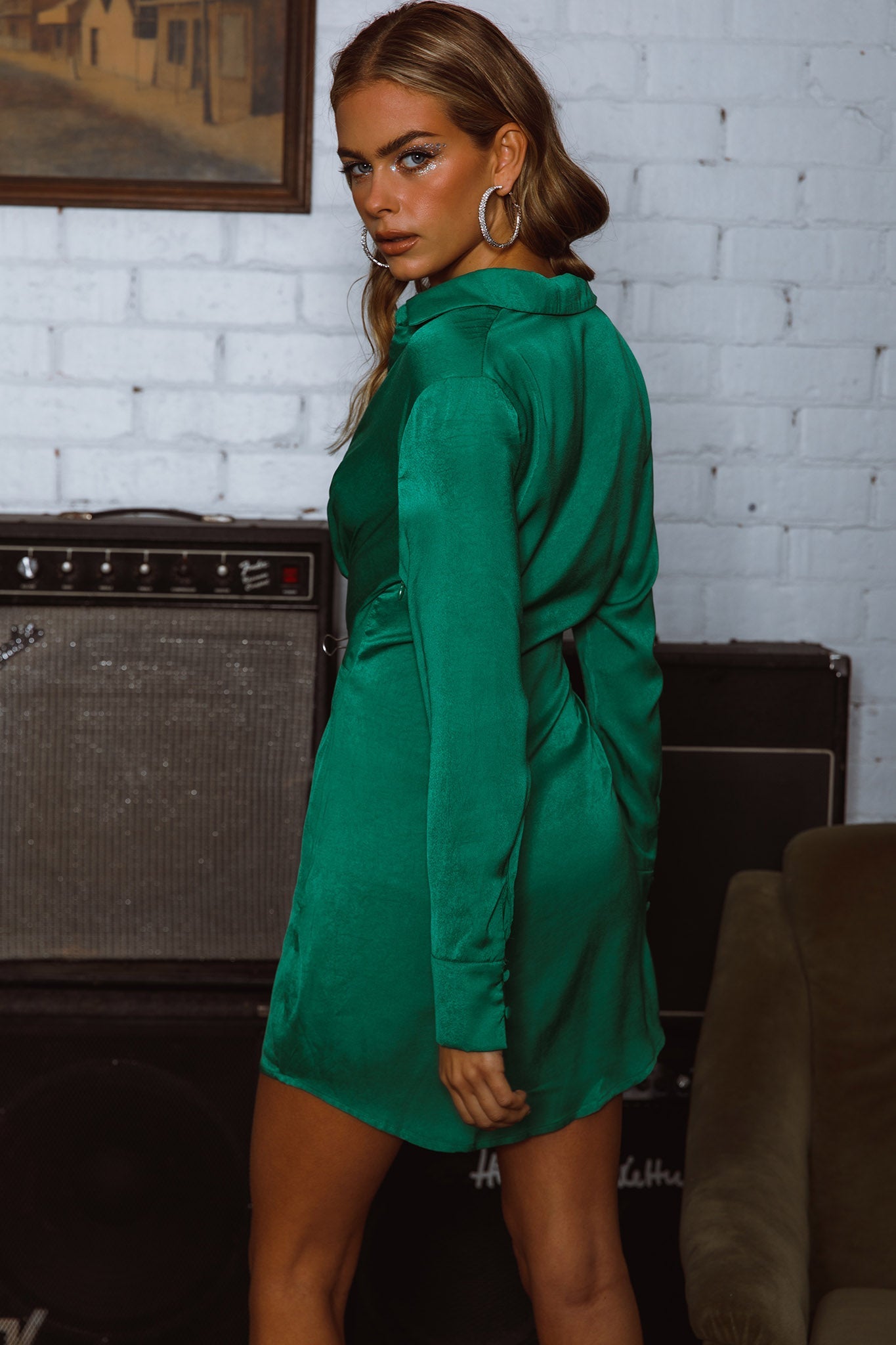 Marinah Tie Bust Shirt Dress Green by Selfie Leslie