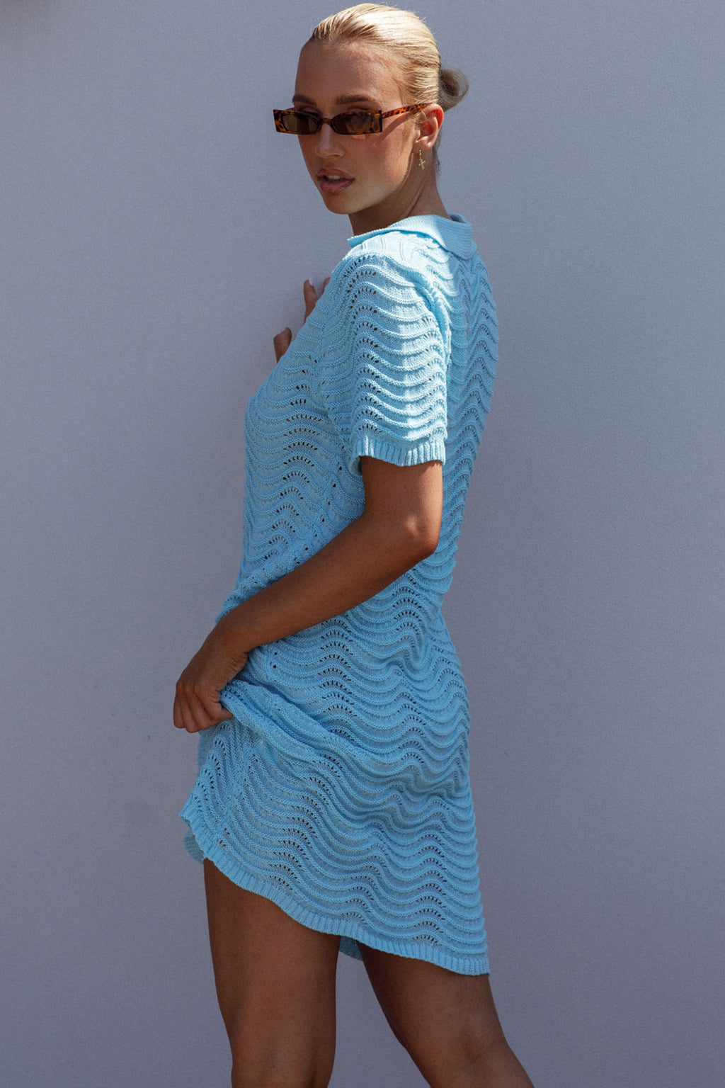 Glennon Crochet Shirt Dress Soft Blue by Selfie Leslie Australia