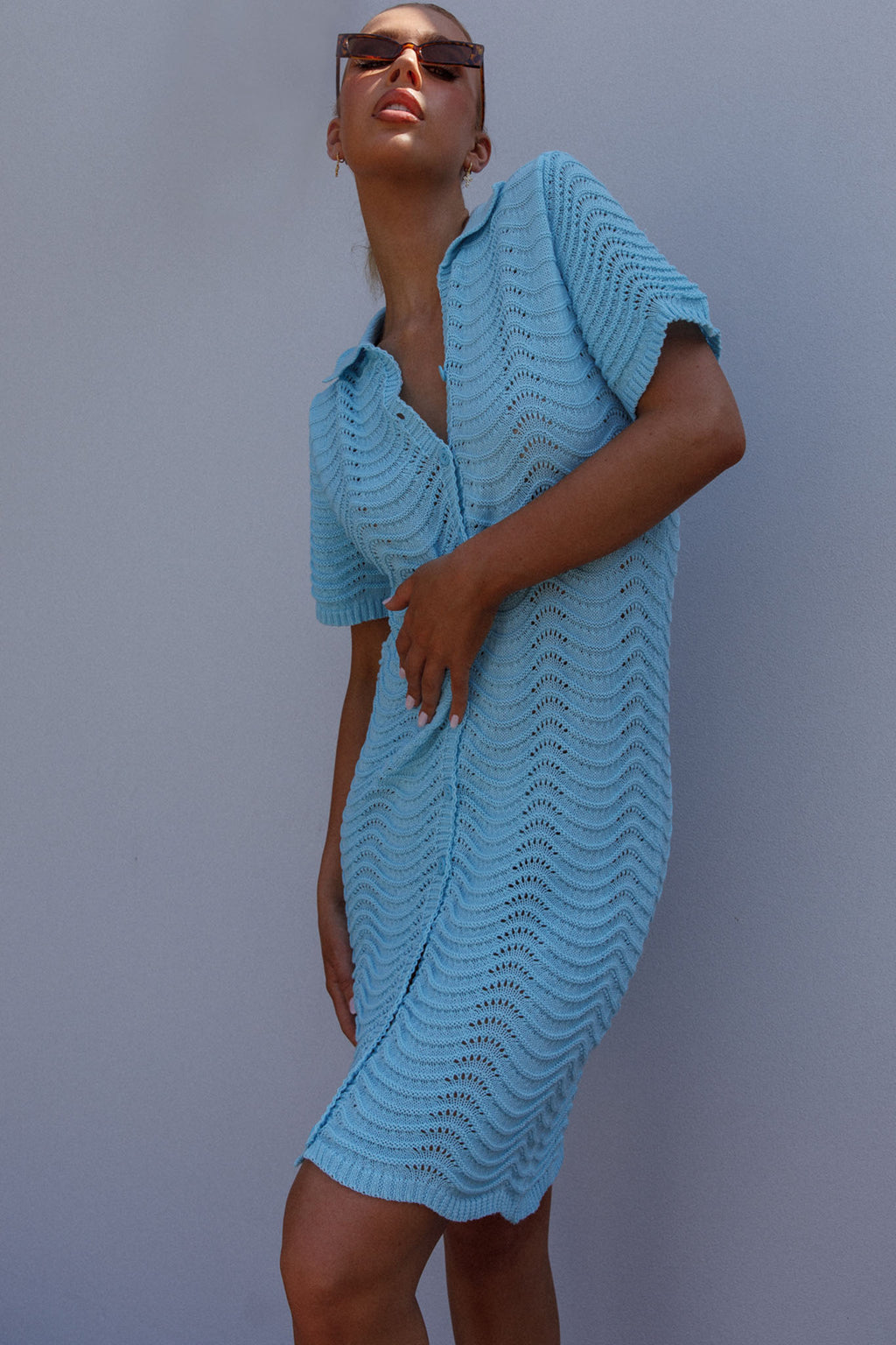 Glennon Crochet Shirt Dress Soft Blue by Selfie Leslie Australia