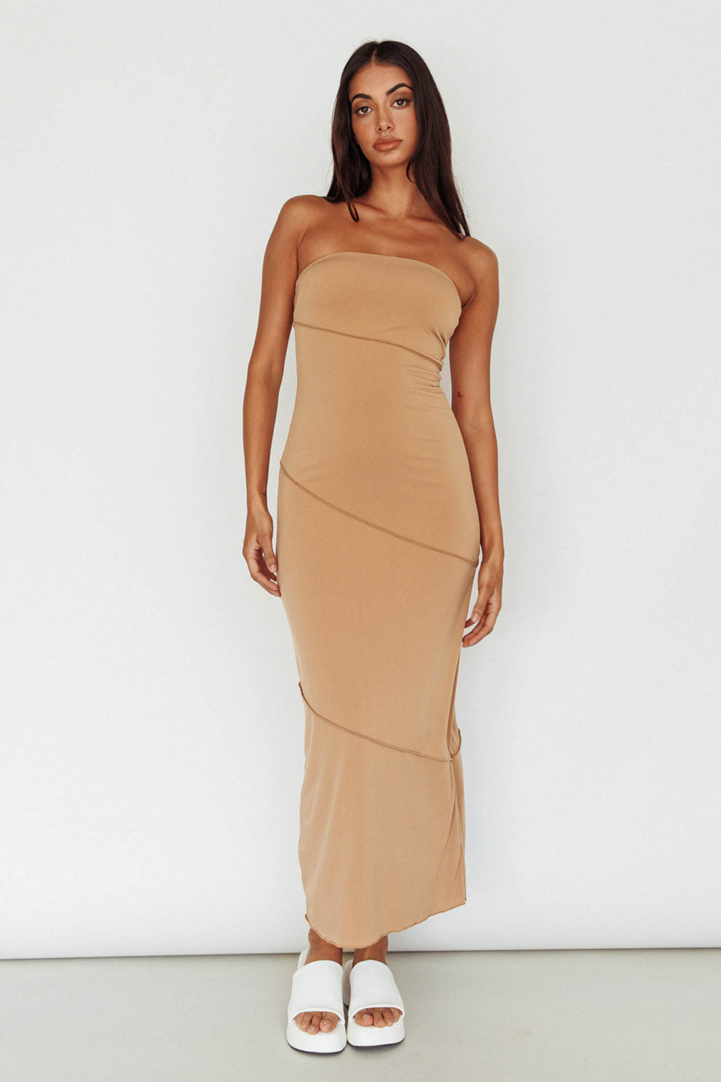 Making Headlines Strapless Midi Dress Camel by Selfie Leslie Australia