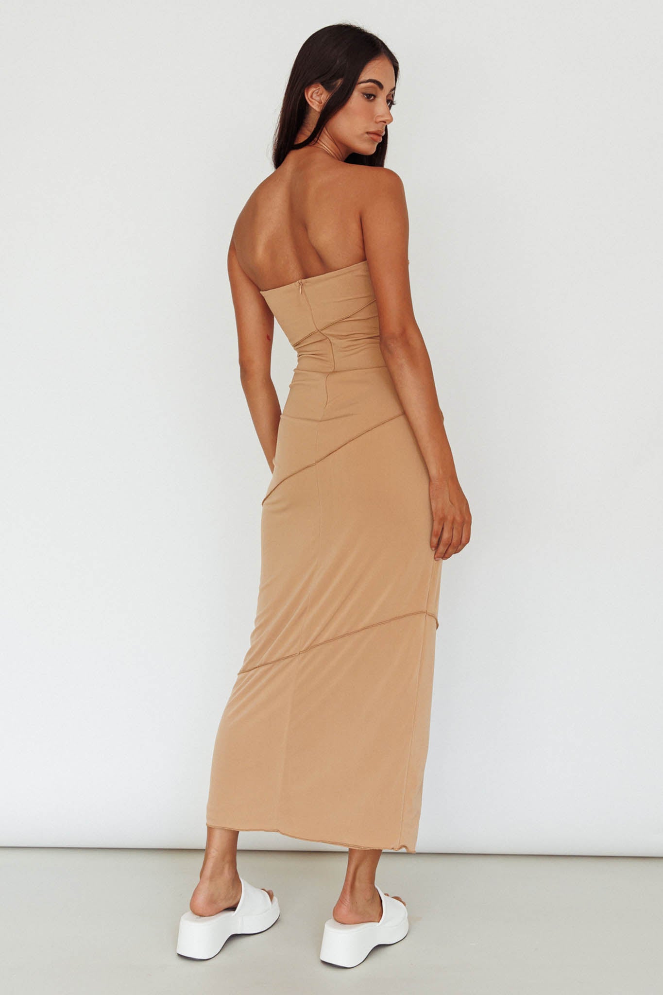 Making Headlines Strapless Midi Dress Camel by Selfie Leslie Australia