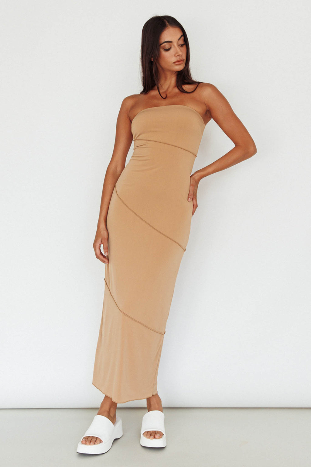 Making Headlines Strapless Midi Dress Camel by Selfie Leslie Australia