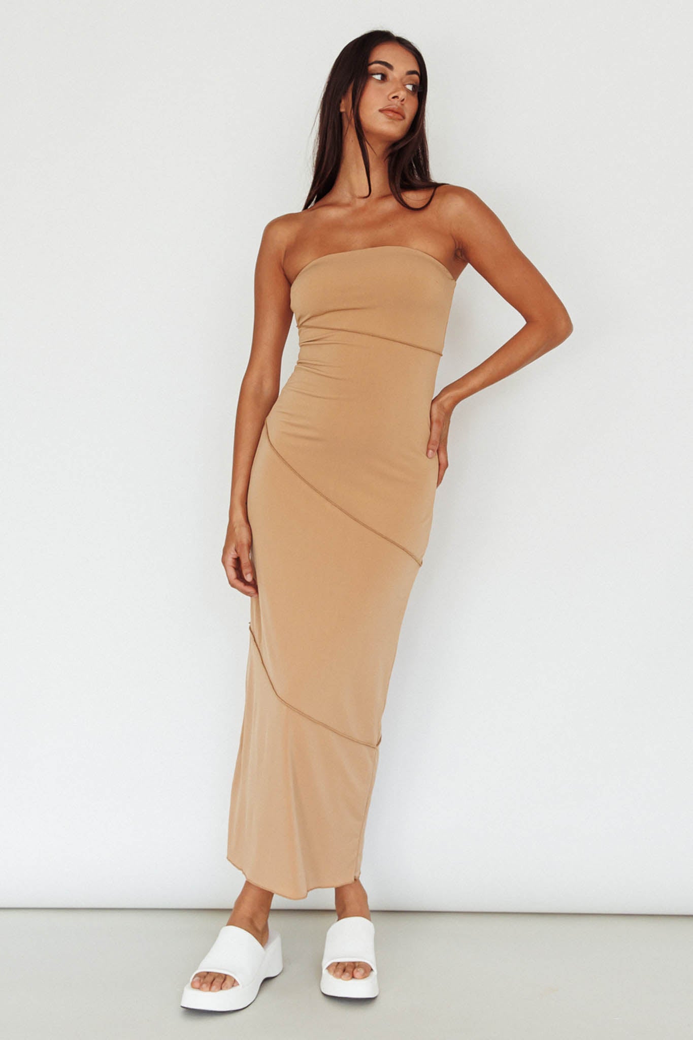 Making Headlines Strapless Midi Dress Camel by Selfie Leslie Australia